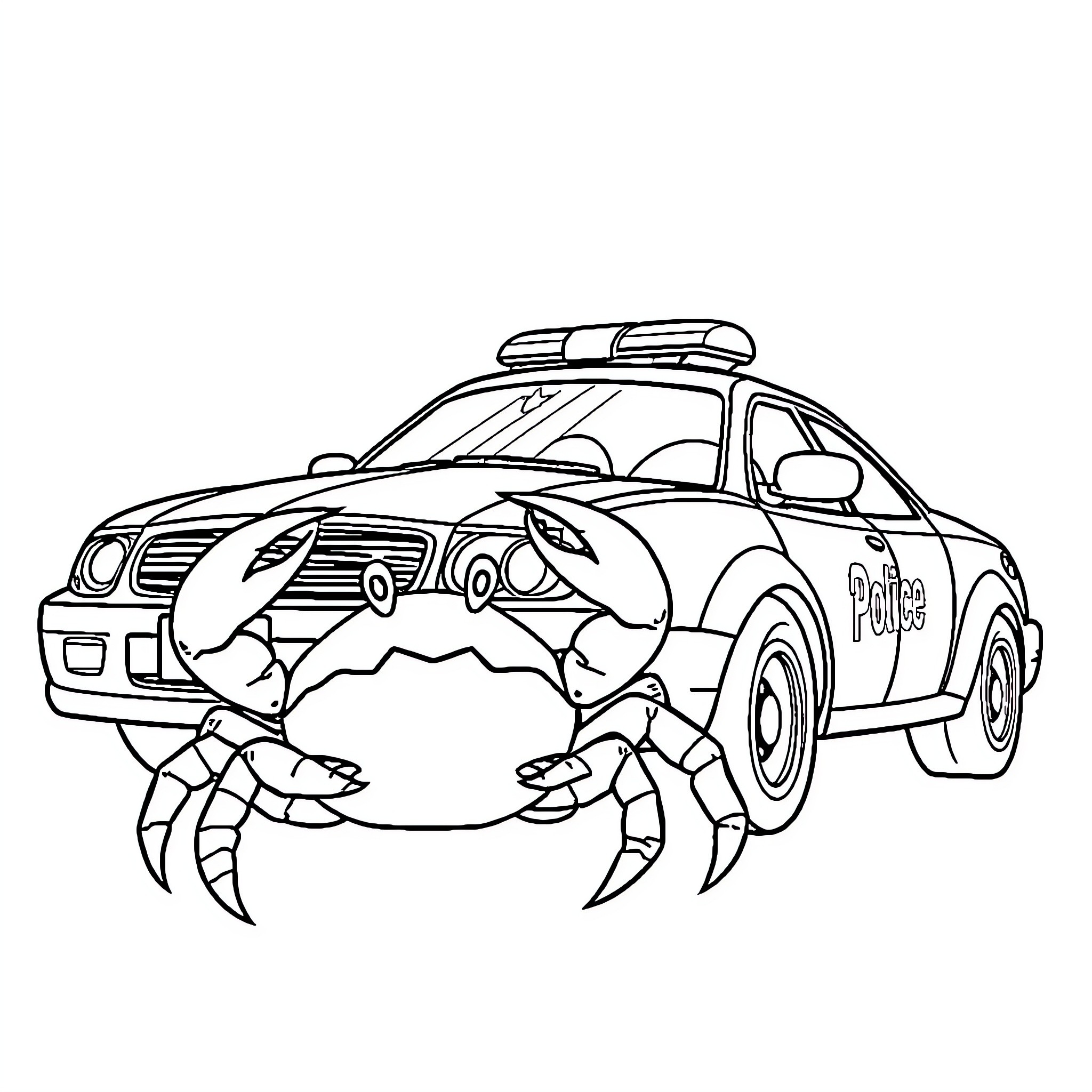 Crab apprehended by police car Coloring Page (free black-and-white line drawing printable PDF for all, from beginners to advanced learners, including children, teens, adults, and seniors)