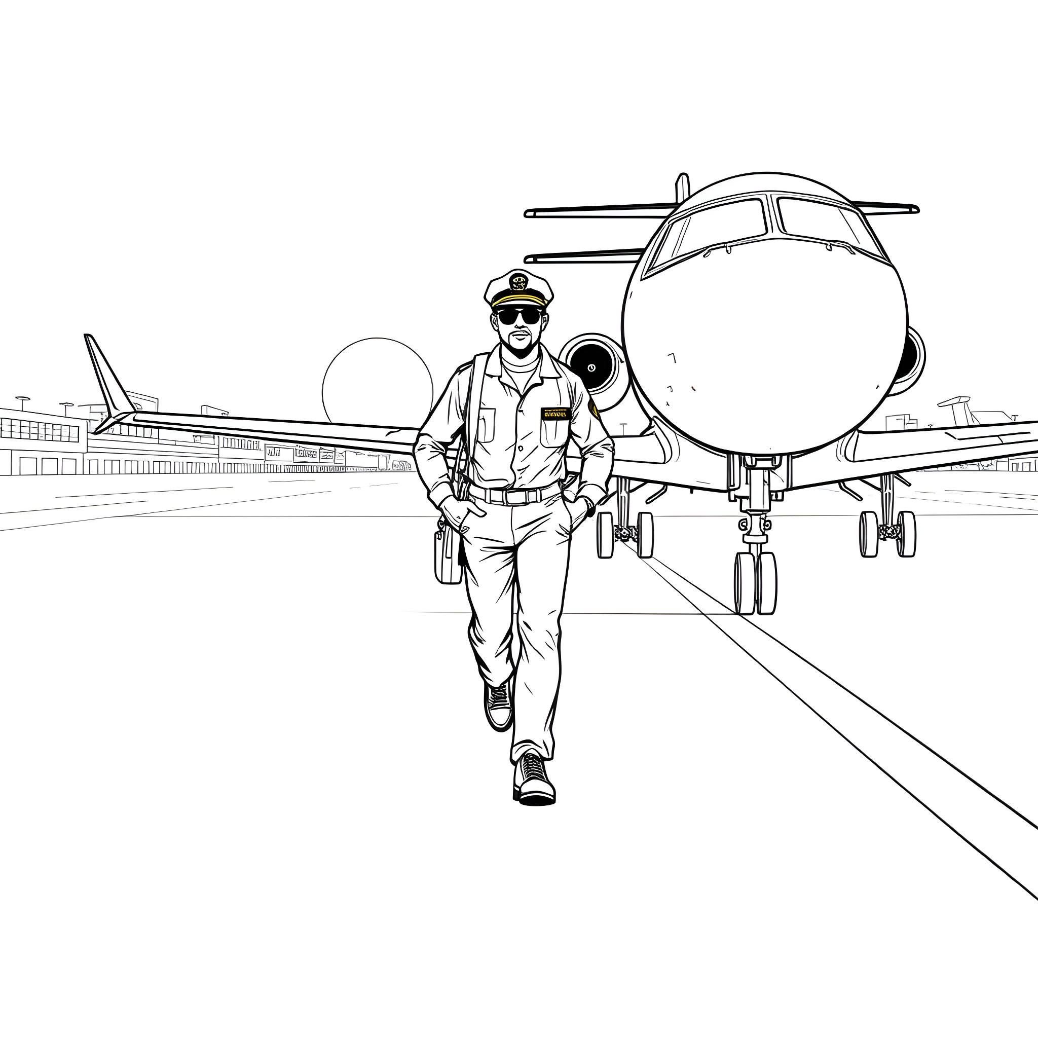 Pilot walking confidently near aircraft Coloring Page (free black-and-white line drawing printable PDF for all, from beginners to advanced learners, including children, teens, adults, and seniors)