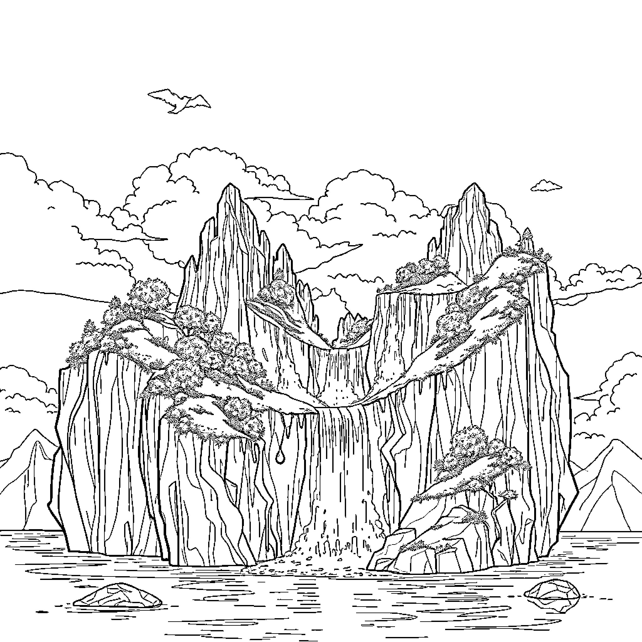 Island Landscape with Towering Cliffs and Flowing River Coloring Page (free black-and-white line drawing printable PDF for all, from beginners to advanced learners, including children, teens, adults, and seniors)