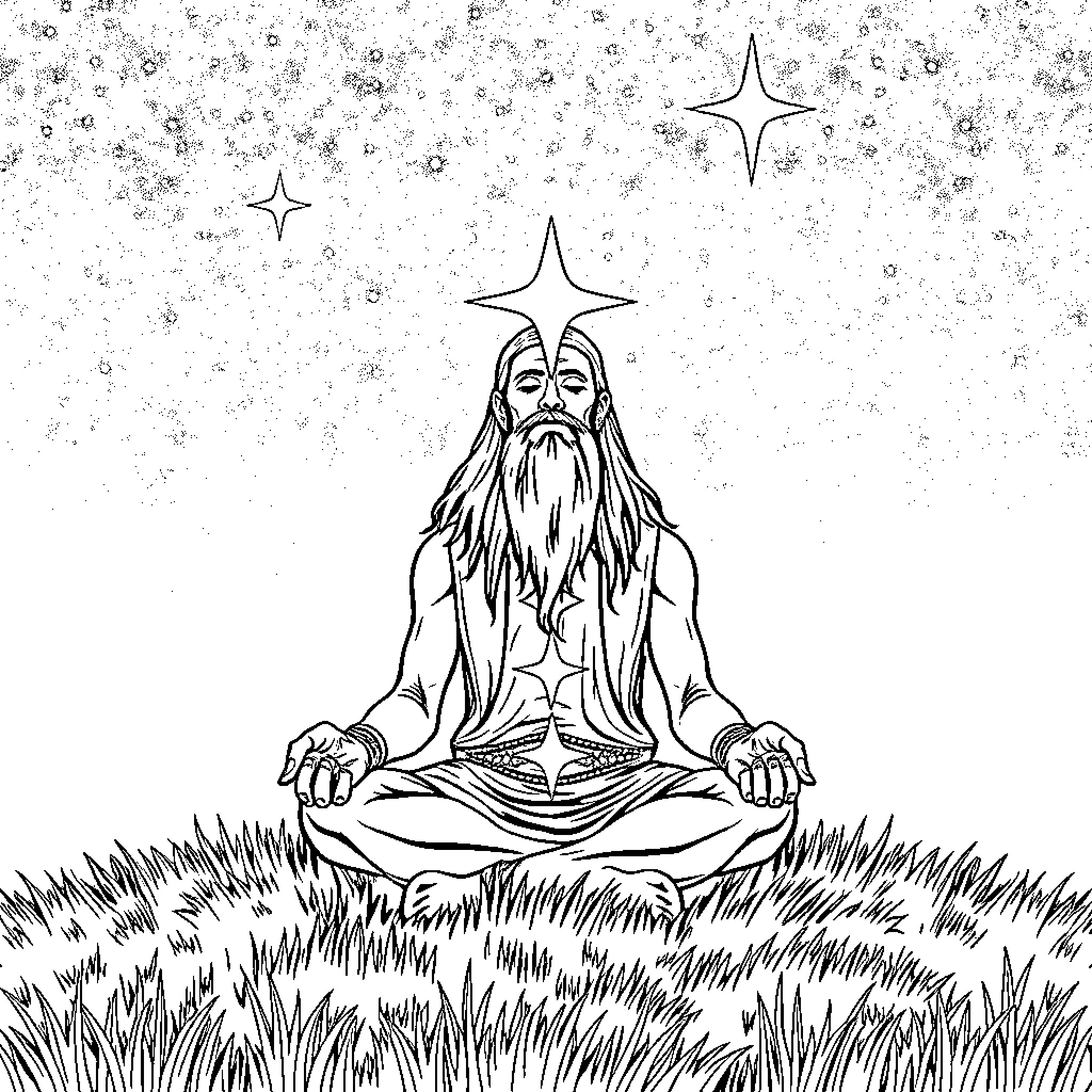Druid in deep meditation amidst cosmic scenery Coloring Page (free black-and-white line drawing printable PDF for all, from beginners to advanced learners, including children, teens, adults, and seniors)