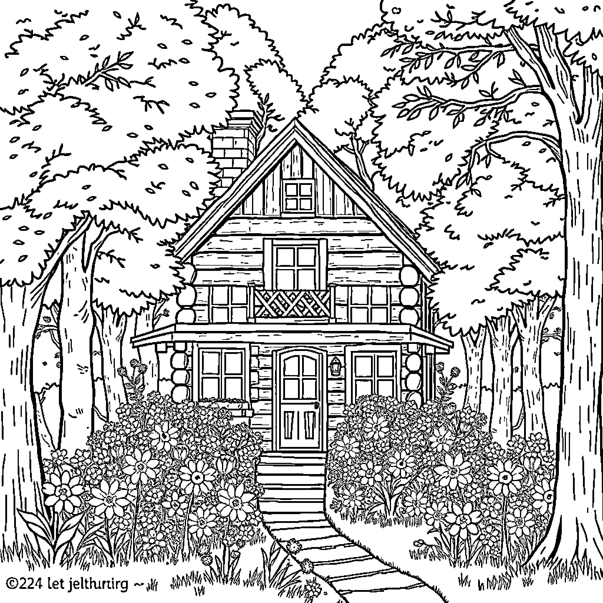 House in the Enchanted Forest Coloring Page (free black-and-white line drawing printable PDF for all, from beginners to advanced learners, including children, teens, adults, and seniors)