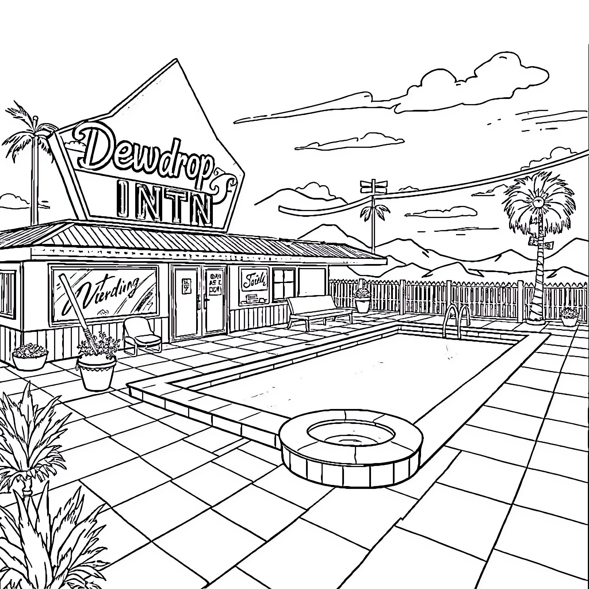 Motel with Lively Exterior and Pool Scene Coloring Page (free black-and-white line drawing printable PDF for all, from beginners to advanced learners, including children, teens, adults, and seniors)