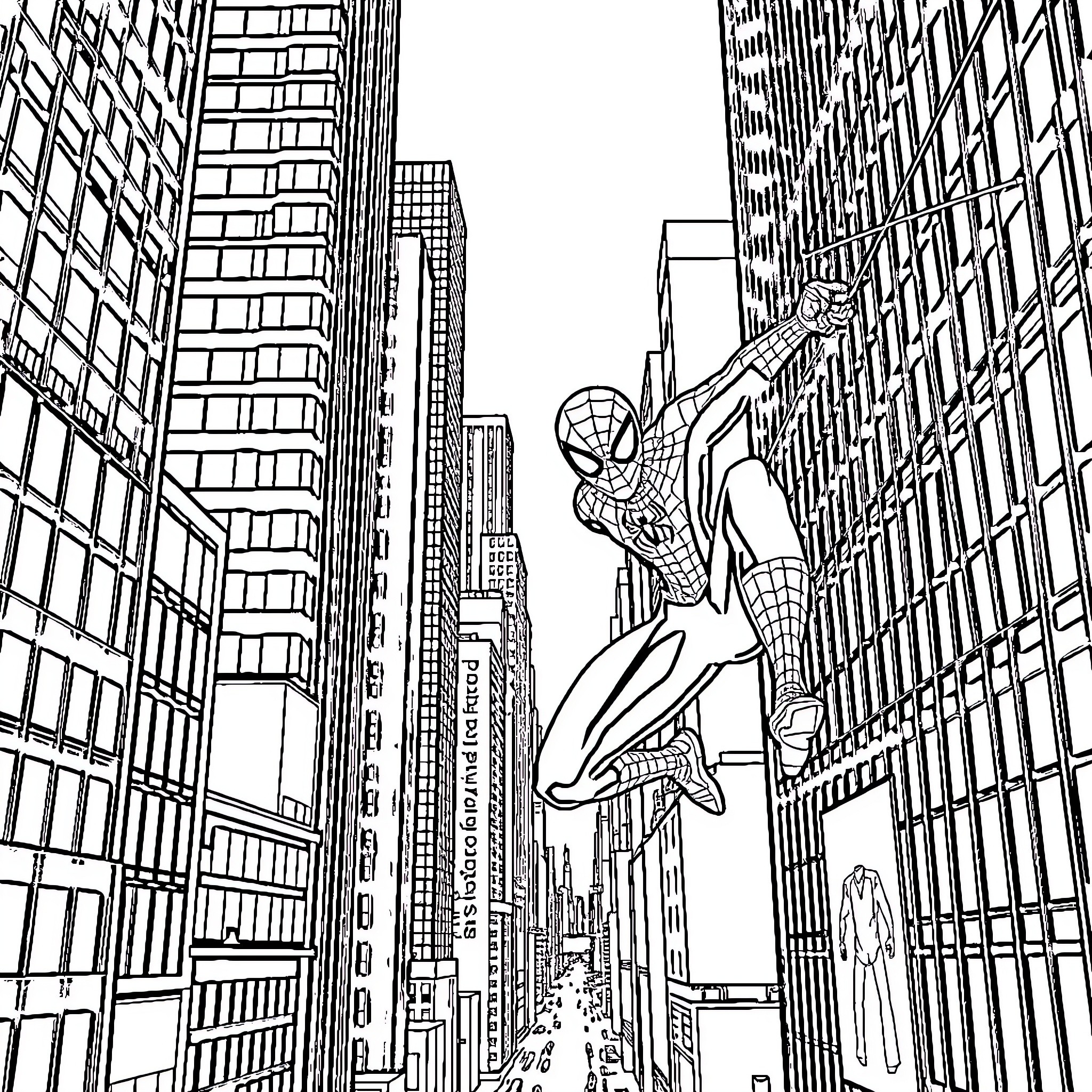 Spiderman swinging through the city Coloring Page (free black-and-white line drawing printable PDF for all, from beginners to advanced learners, including children, teens, adults, and seniors)