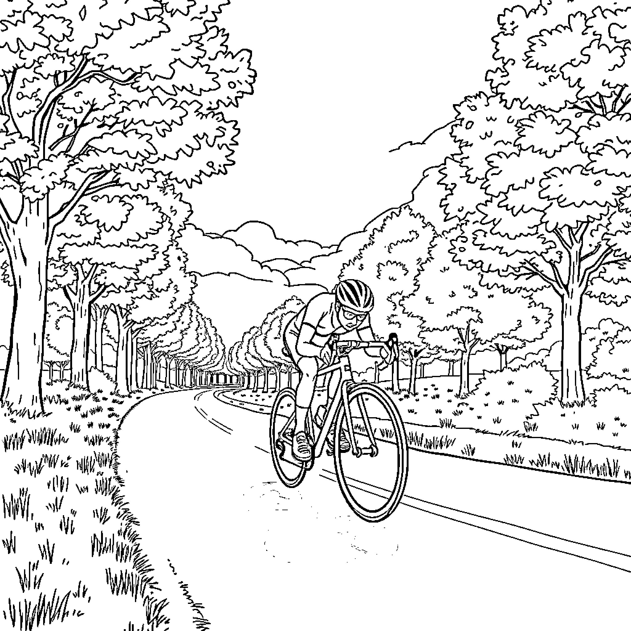 Rennradfahrer navigating scenic forest road Coloring Page (free black-and-white line drawing printable PDF for all, from beginners to advanced learners, including children, teens, adults, and seniors)