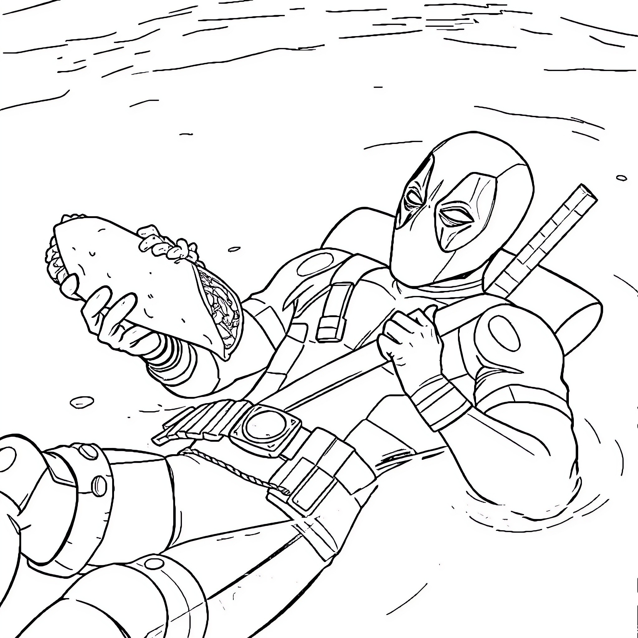 Deadpool in action with weapons and gadgets Coloring Page (free black-and-white line drawing printable PDF for all, from beginners to advanced learners, including children, teens, adults, and seniors)
