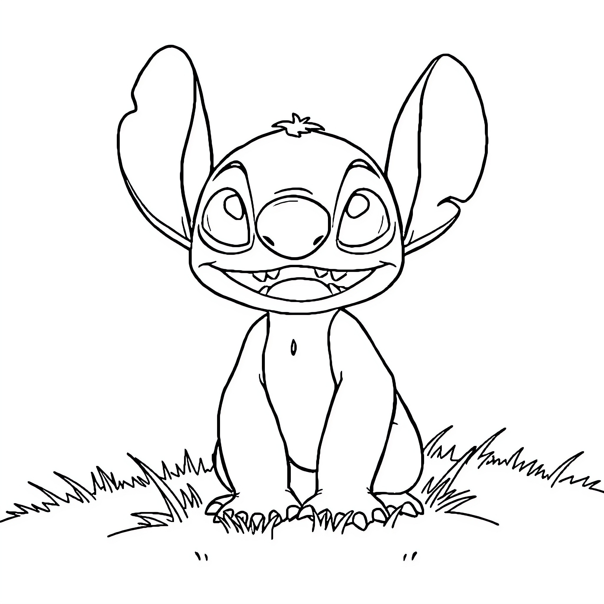 Stitch playing happily in the grass Coloring Page (free black-and-white line drawing printable PDF for all, from beginners to advanced learners, including children, teens, adults, and seniors)