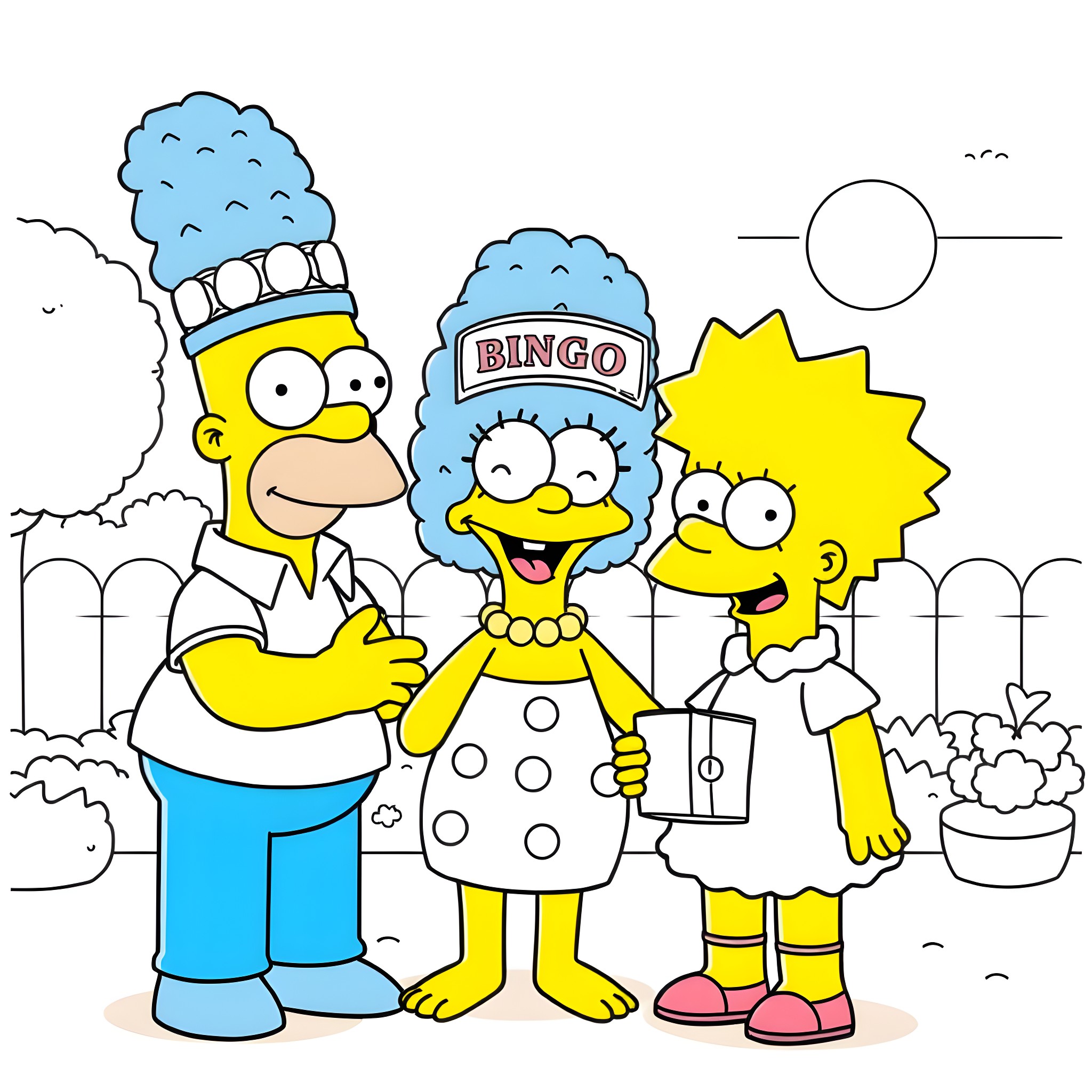 Simpson family playing bingo in the neighborhood Coloring Page (free black-and-white line drawing printable PDF for all, from beginners to advanced learners, including children, teens, adults, and seniors)