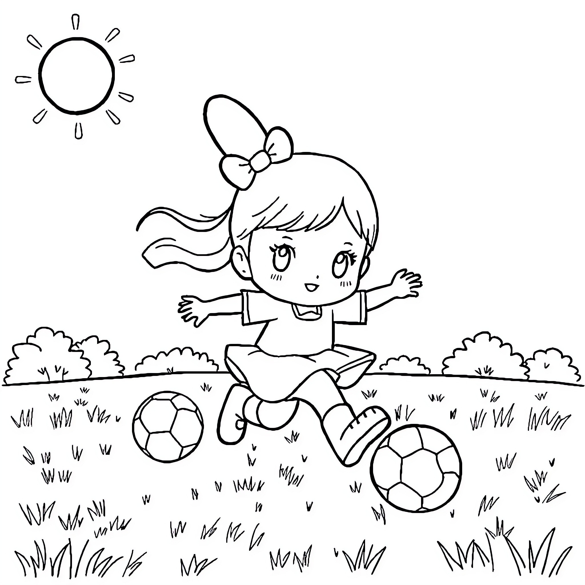 My Melody Joyfully Kicking Soccer Balls Outdoors Coloring Page (free black-and-white line drawing printable PDF for all, from beginners to advanced learners, including children, teens, adults, and seniors)