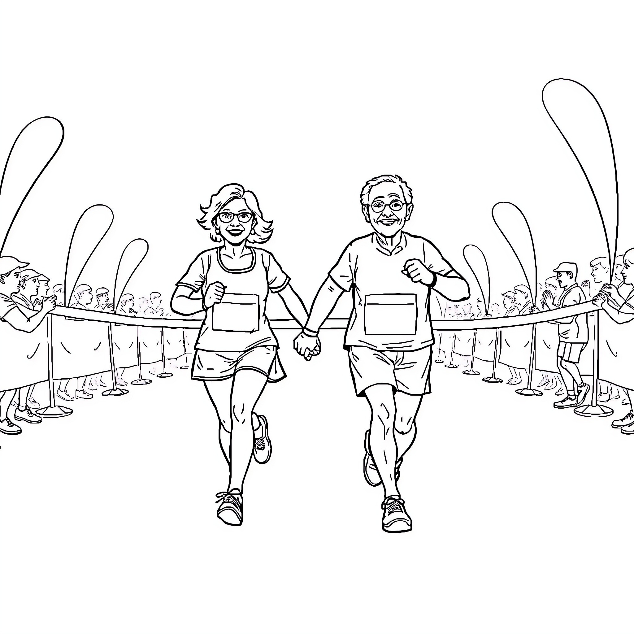 Couple running together in a race Coloring Page (free black-and-white line drawing printable PDF for all, from beginners to advanced learners, including children, teens, adults, and seniors)