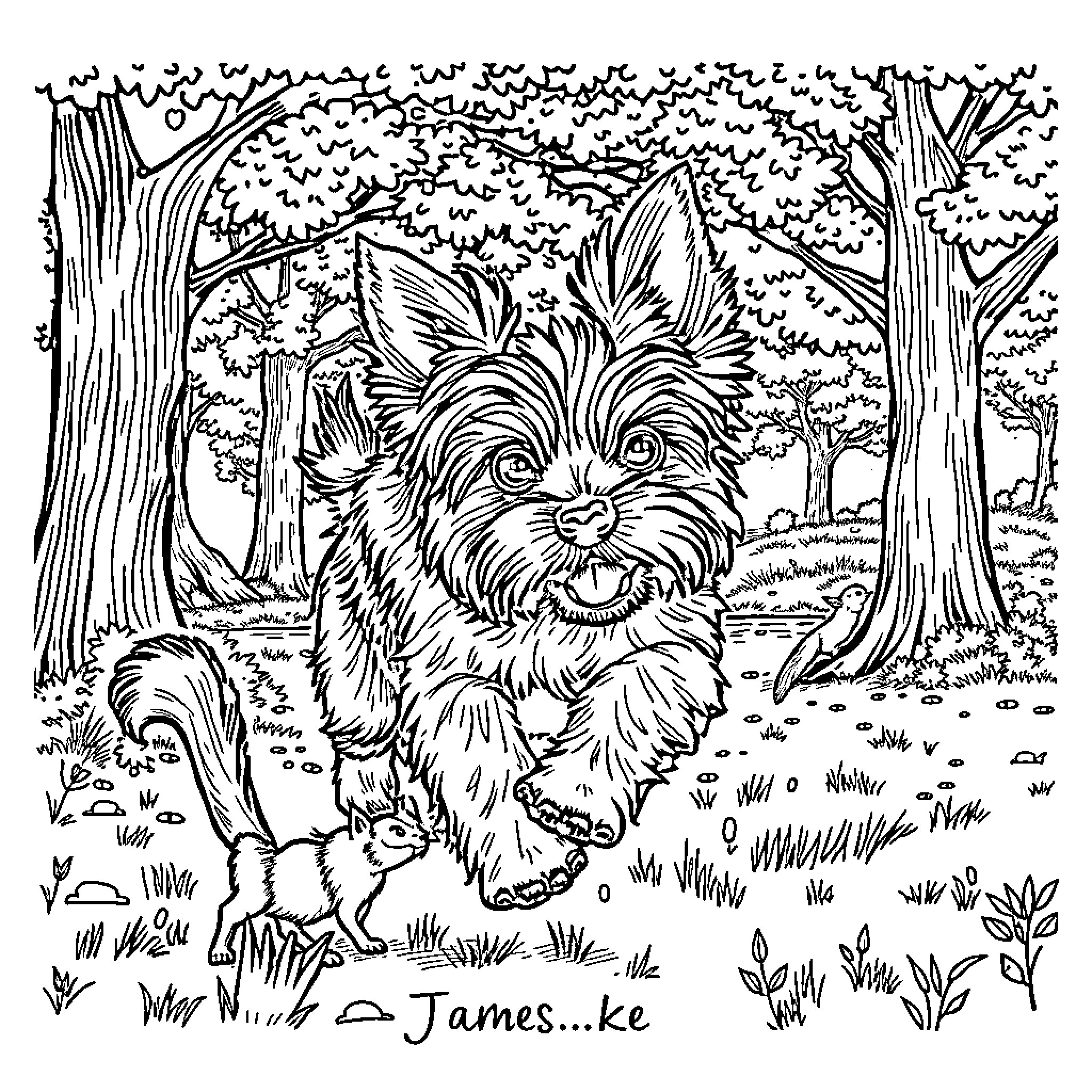 Yorkie exploring the enchanting forest Coloring Page (free black-and-white line drawing printable PDF for all, from beginners to advanced learners, including children, teens, adults, and seniors)