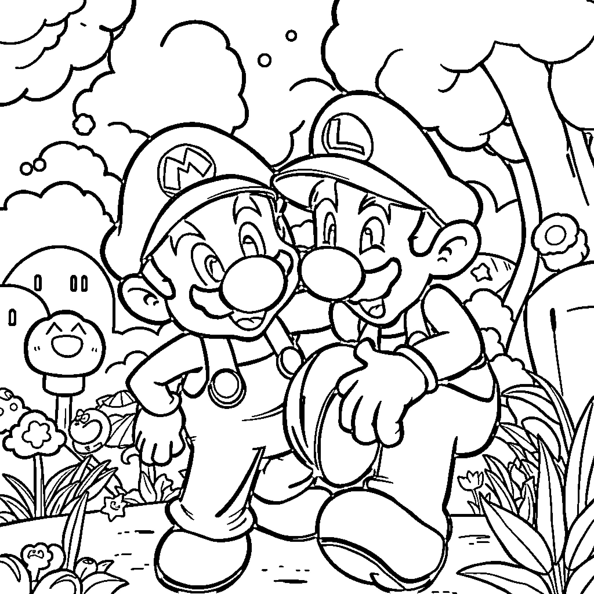 Mario and Luigi enjoying a fun adventure in nature Coloring Page (free black-and-white line drawing printable PDF for all, from beginners to advanced learners, including children, teens, adults, and seniors)