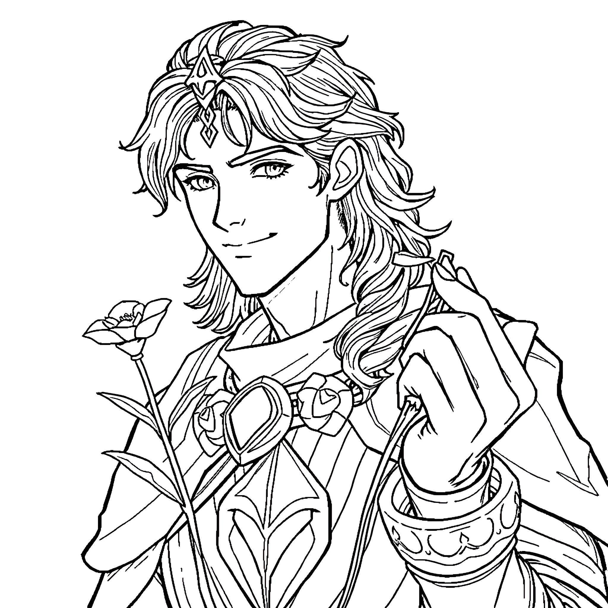 Astarion holding a rose with a pensive expression Coloring Page (free black-and-white line drawing printable PDF for all, from beginners to advanced learners, including children, teens, adults, and seniors)