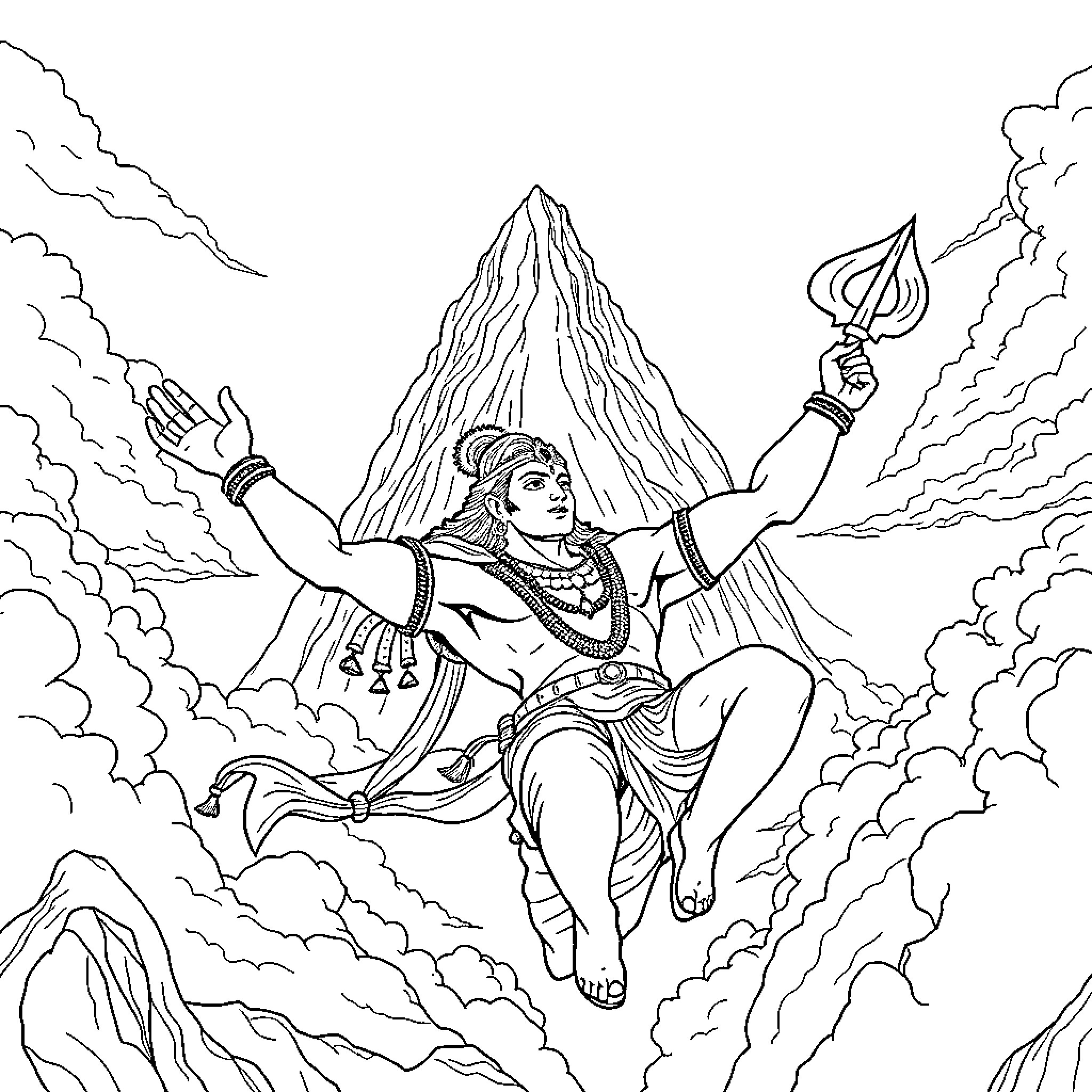 Hanuman, the Mighty Monkey God, in Heroic Pose Coloring Page (free black-and-white line drawing printable PDF for all, from beginners to advanced learners, including children, teens, adults, and seniors)
