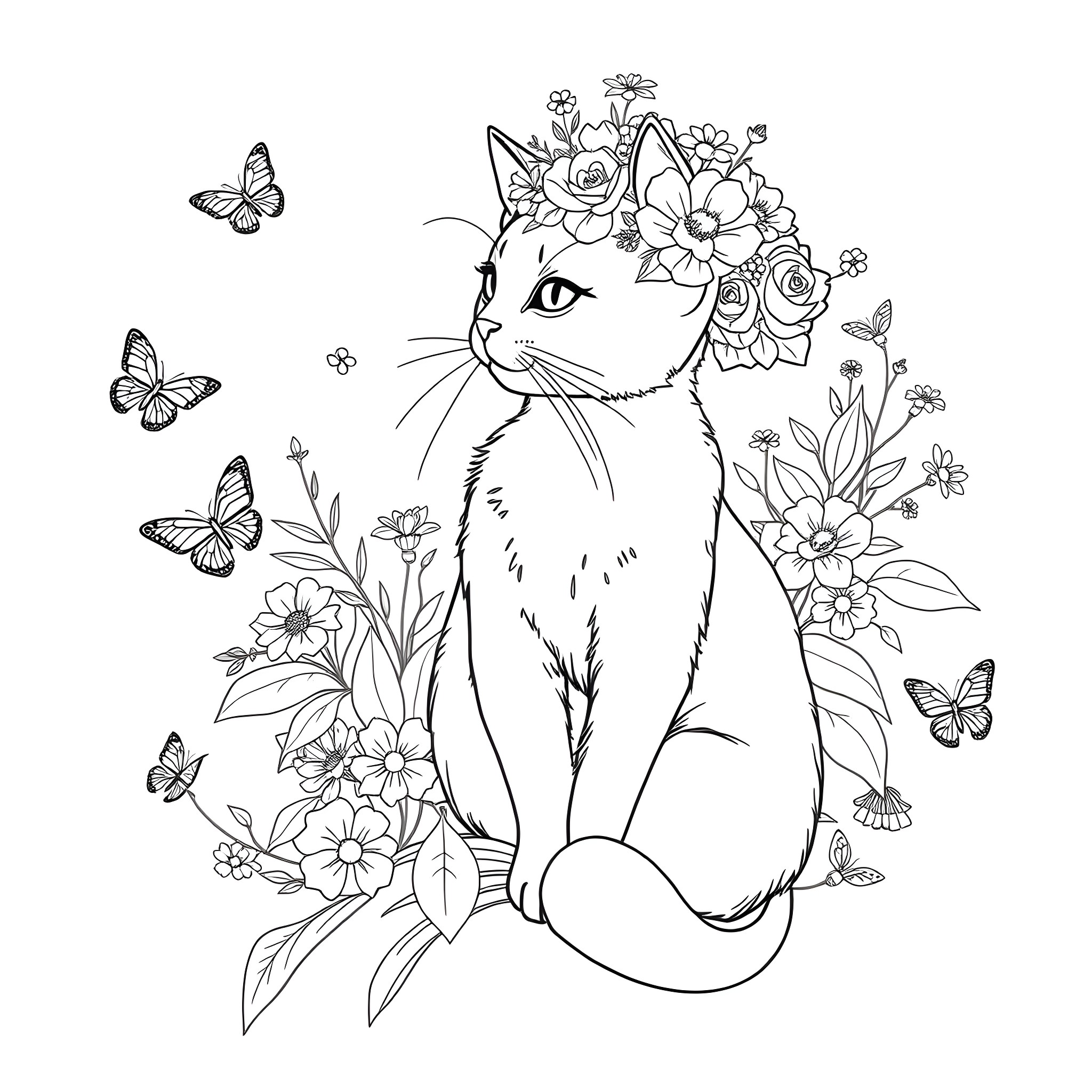 Cat with floral crown surrounded by butterflies Coloring Page (free black-and-white line drawing printable PDF for all, from beginners to advanced learners, including children, teens, adults, and seniors)