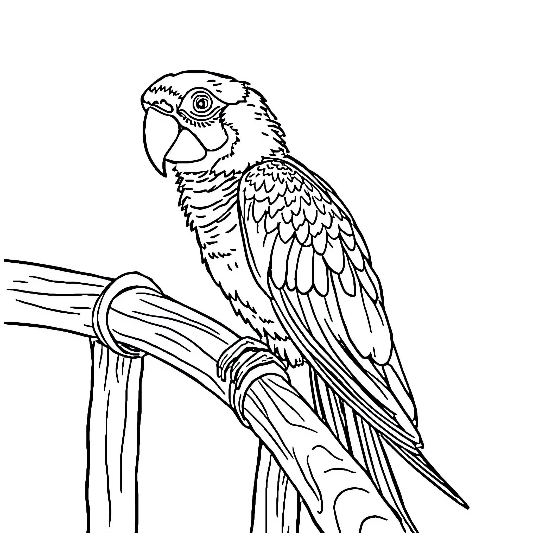 Parrot perched on a branch Coloring Page (free black-and-white line drawing printable PDF for all, from beginners to advanced learners, including children, teens, adults, and seniors)