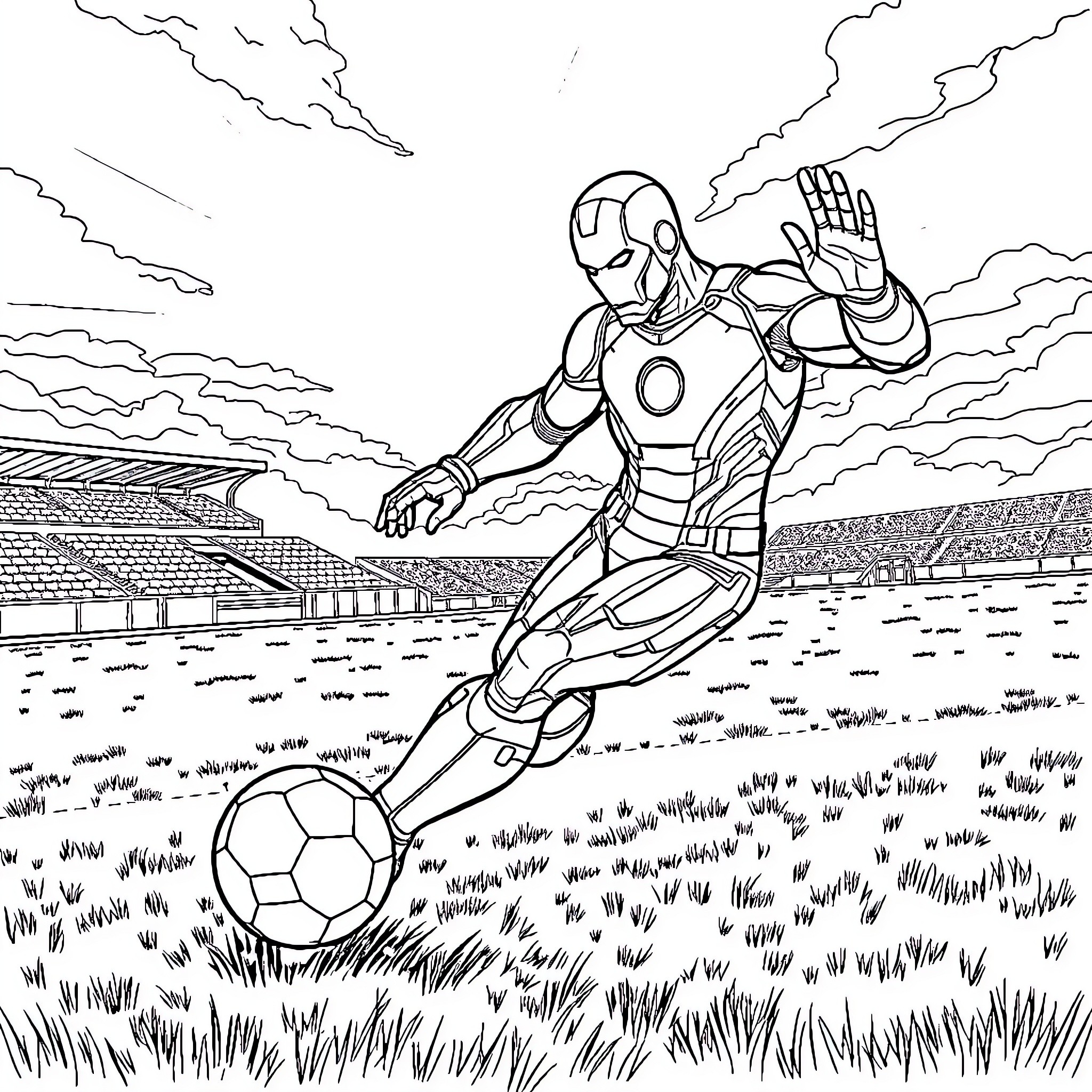 Iron Man Playing Soccer in a Stadium Coloring Page (free black-and-white line drawing printable PDF for all, from beginners to advanced learners, including children, teens, adults, and seniors)