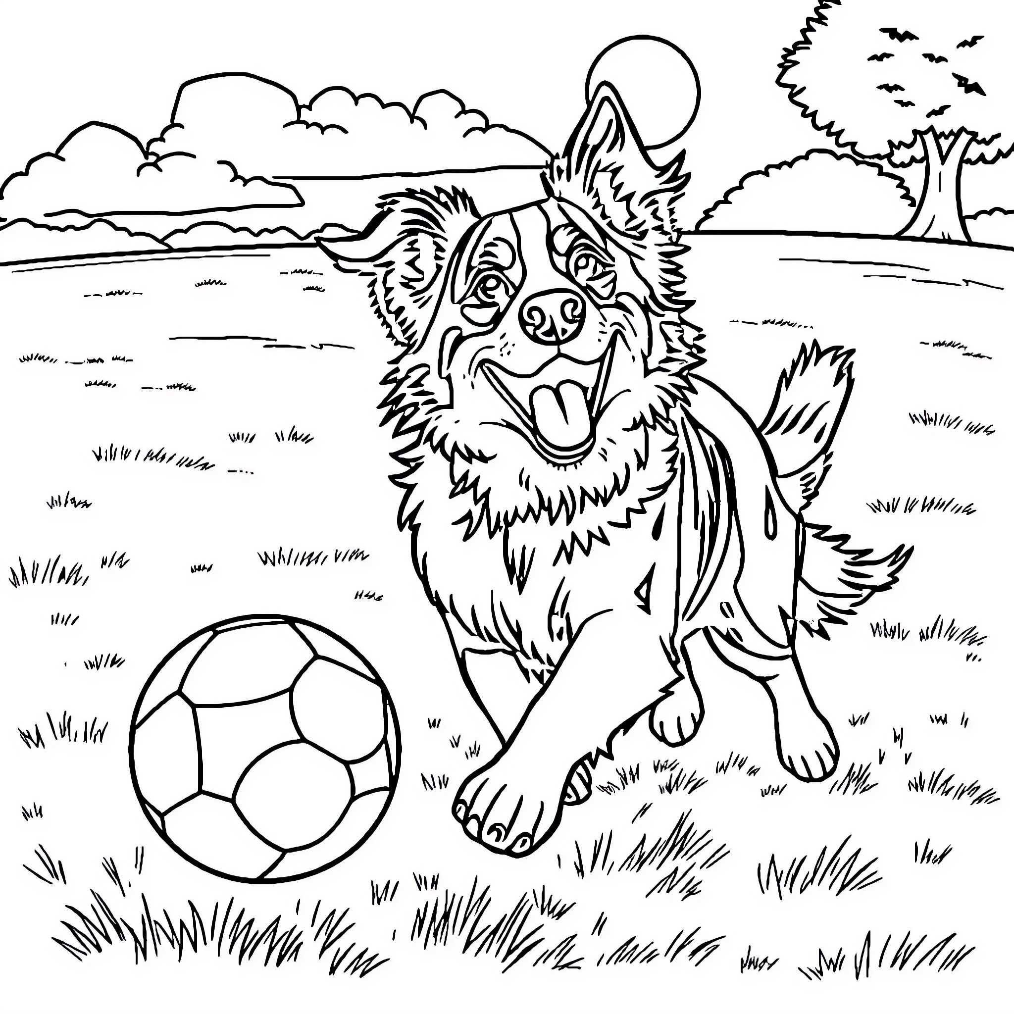 Border Collie playing with soccer ball outdoors Coloring Page (free black-and-white line drawing printable PDF for all, from beginners to advanced learners, including children, teens, adults, and seniors)