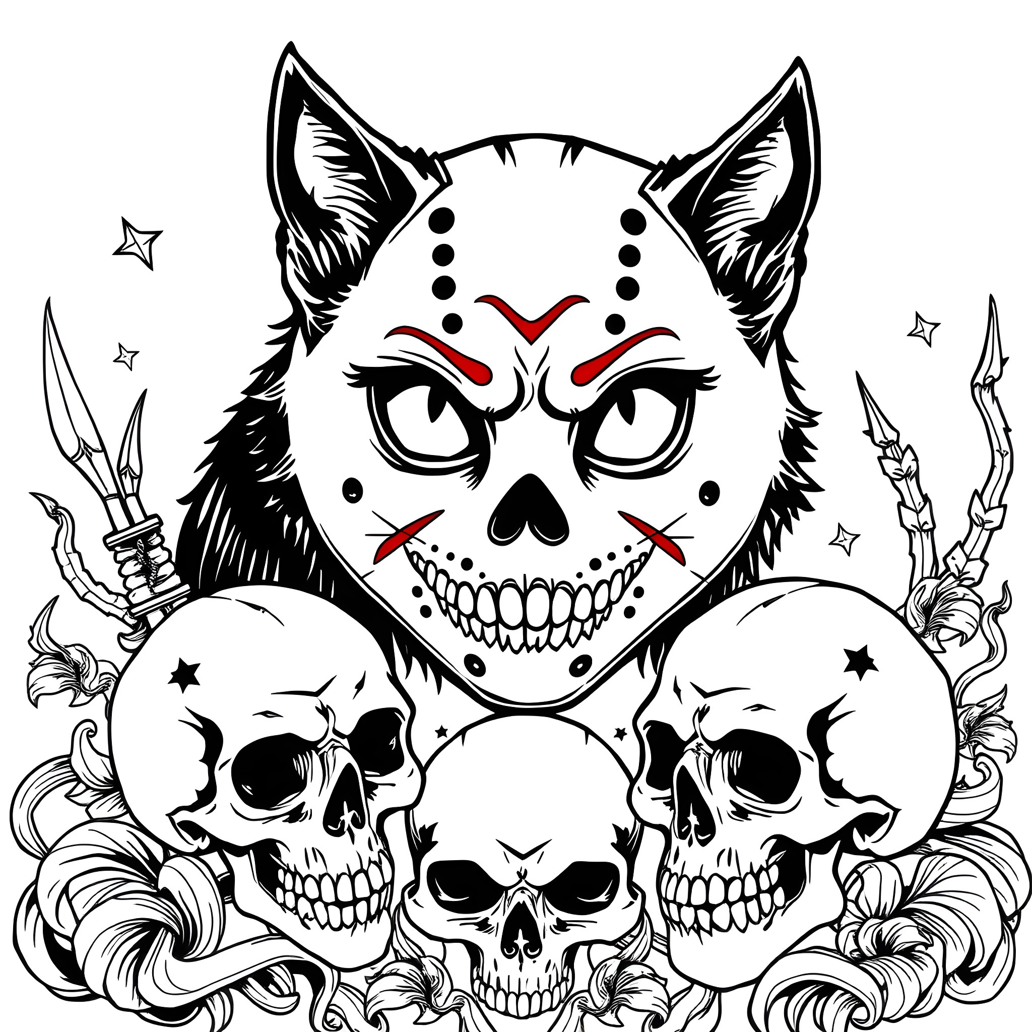 Tattoo of a spooky cat skull with crossbones Coloring Page (free black-and-white line drawing printable PDF for all, from beginners to advanced learners, including children, teens, adults, and seniors)