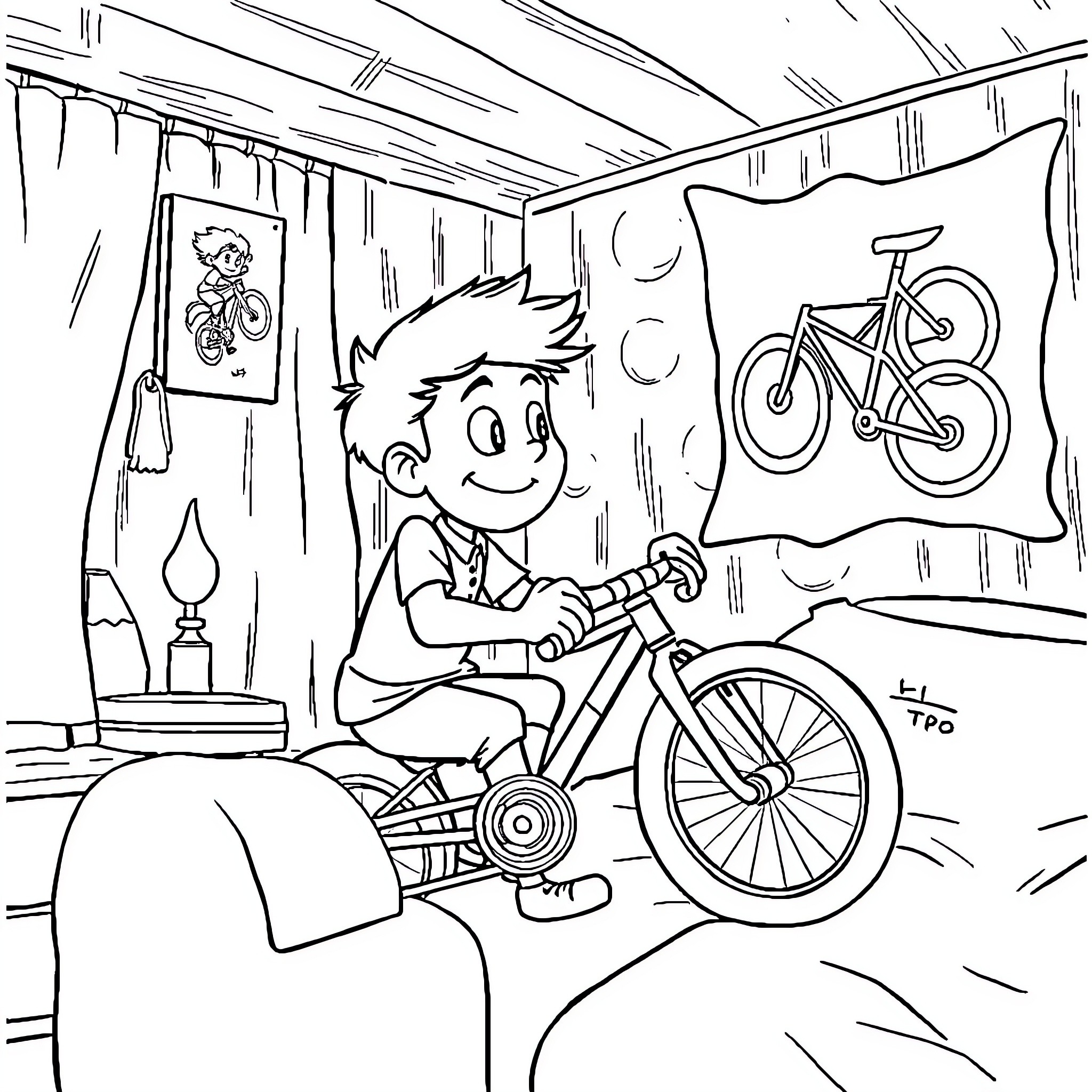Mateus enjoys cycling with his bicycle decorations Coloring Page (free black-and-white line drawing printable PDF for all, from beginners to advanced learners, including children, teens, adults, and seniors)