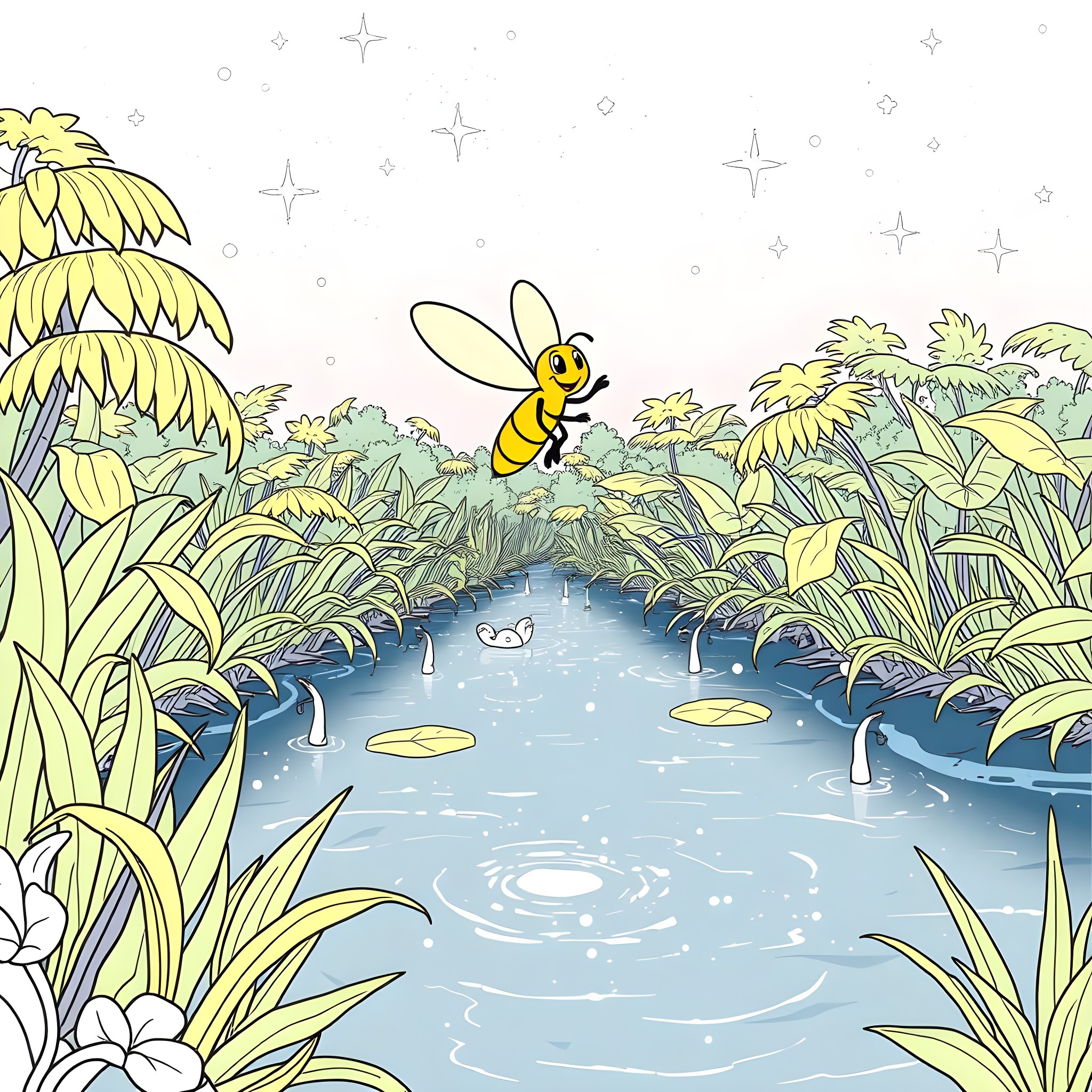 Ray the Bee's Enchanted Pond Adventure Coloring Page (free black-and-white line drawing printable PDF for all, from beginners to advanced learners, including children, teens, adults, and seniors)