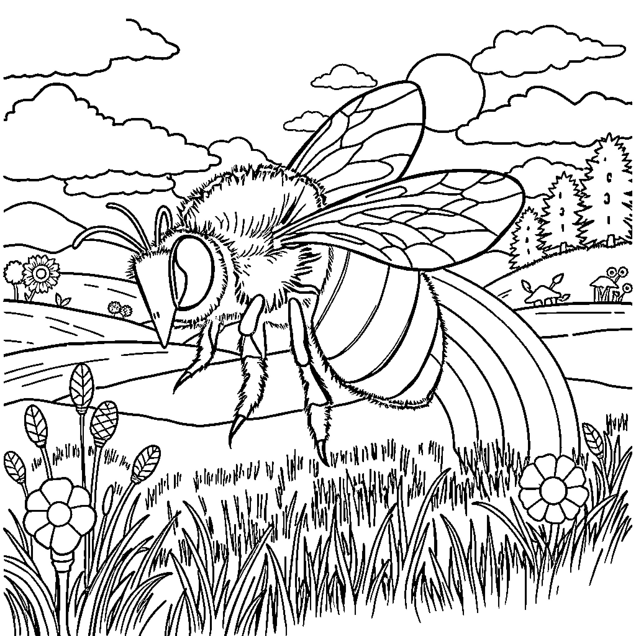 Bee flying through a scenic landscape Coloring Page (free black-and-white line drawing printable PDF for all, from beginners to advanced learners, including children, teens, adults, and seniors)