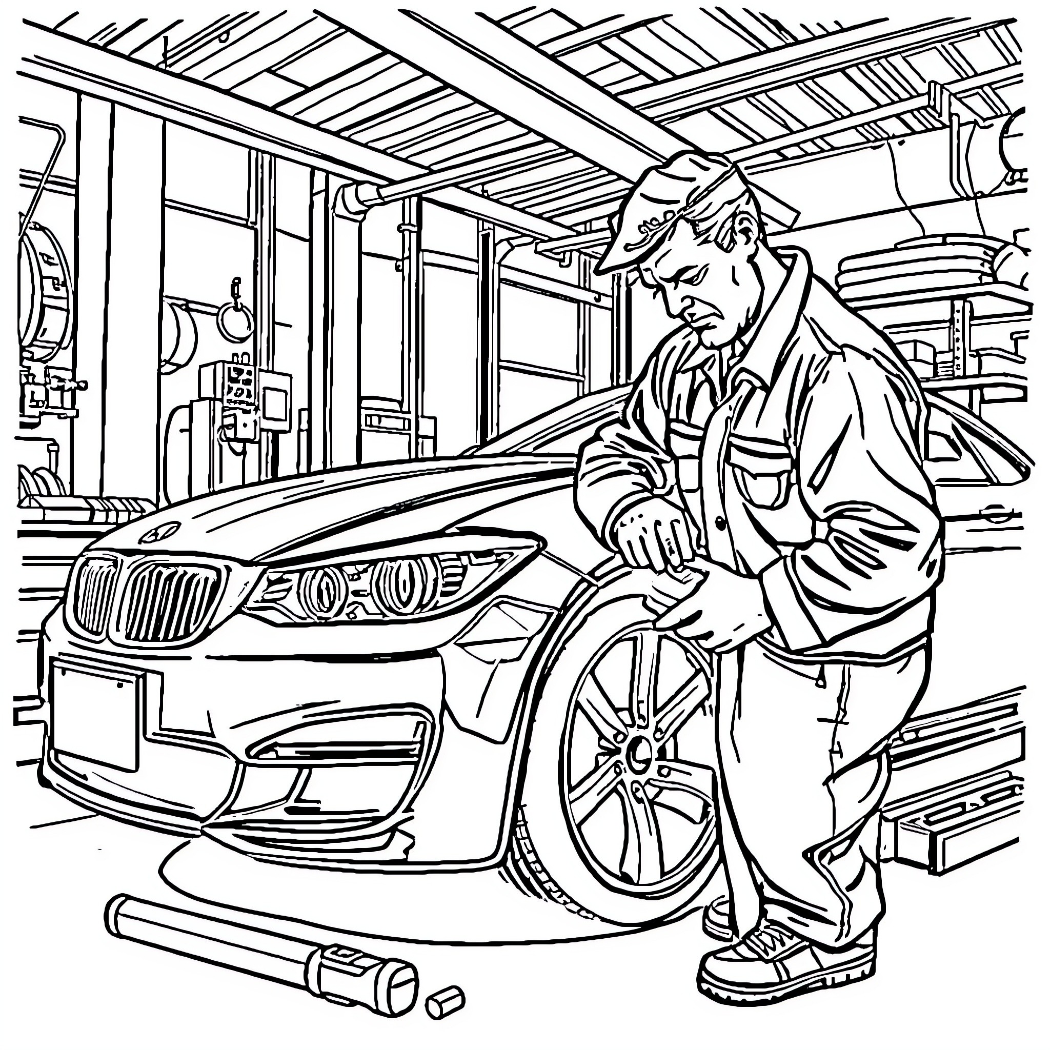 Technician repairing luxury car in workshop Coloring Page (free black-and-white line drawing printable PDF for all, from beginners to advanced learners, including children, teens, adults, and seniors)