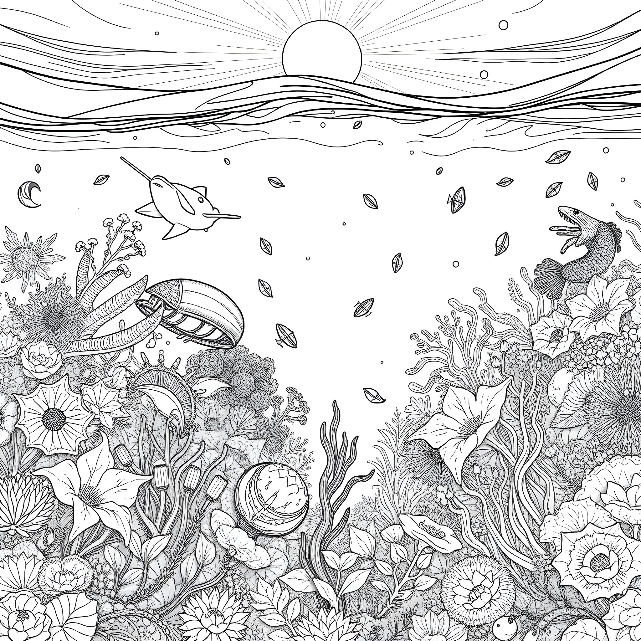 Nature Filled with Mystical Elements and Underwater Creatures Coloring Page (free black-and-white line drawing printable PDF for all, from beginners to advanced learners, including children, teens, adults, and seniors)