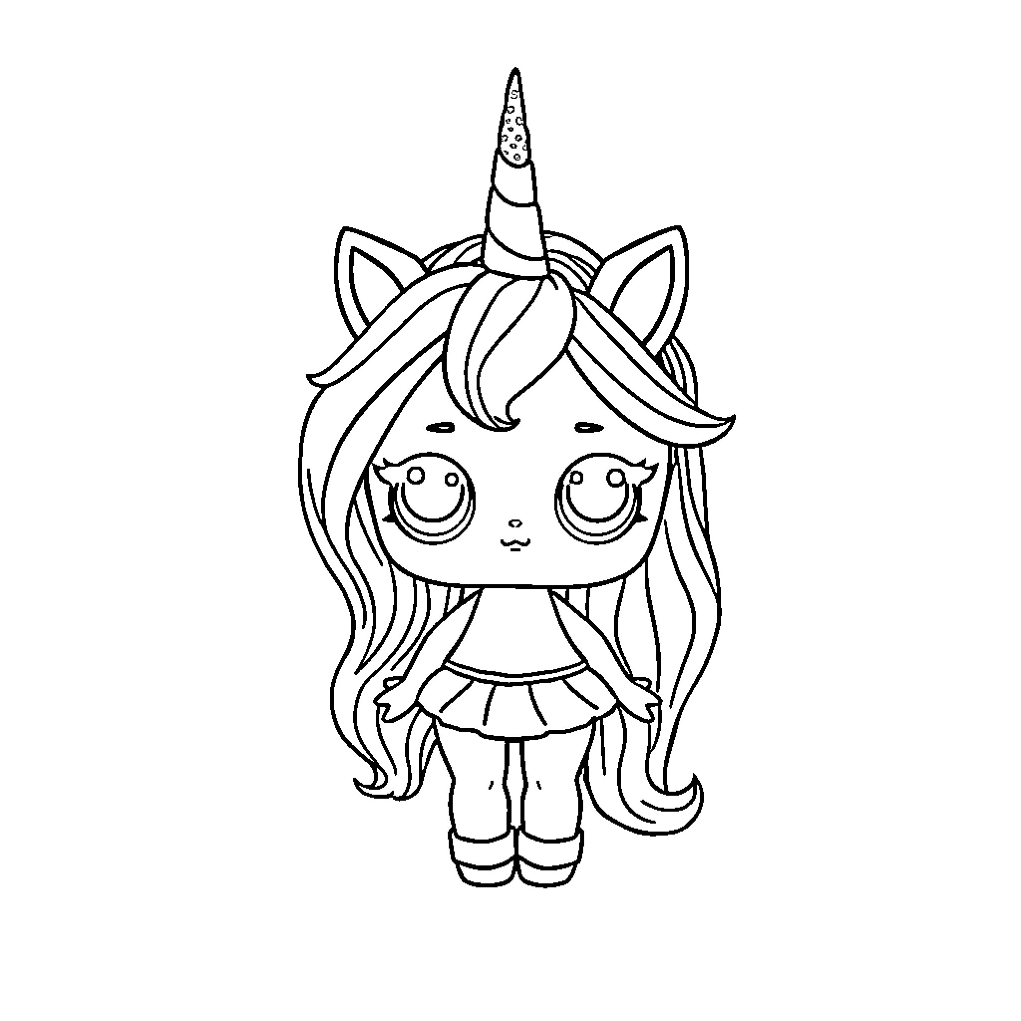 Unicorn girl with joyful expression Coloring Page (free black-and-white line drawing printable PDF for all, from beginners to advanced learners, including children, teens, adults, and seniors)