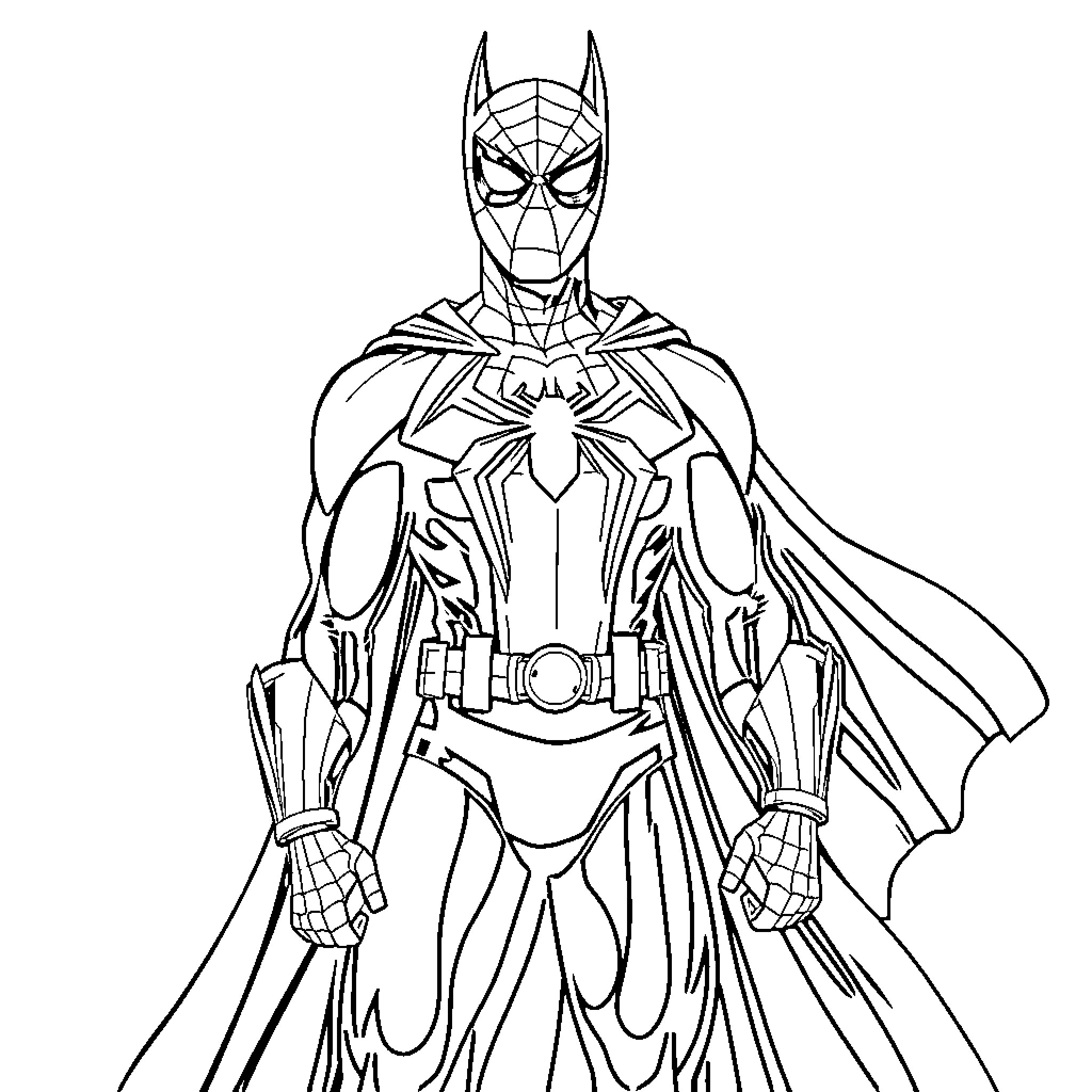 Spiderman in heroic pose with detailed costume Coloring Page (free black-and-white line drawing printable PDF for all, from beginners to advanced learners, including children, teens, adults, and seniors)