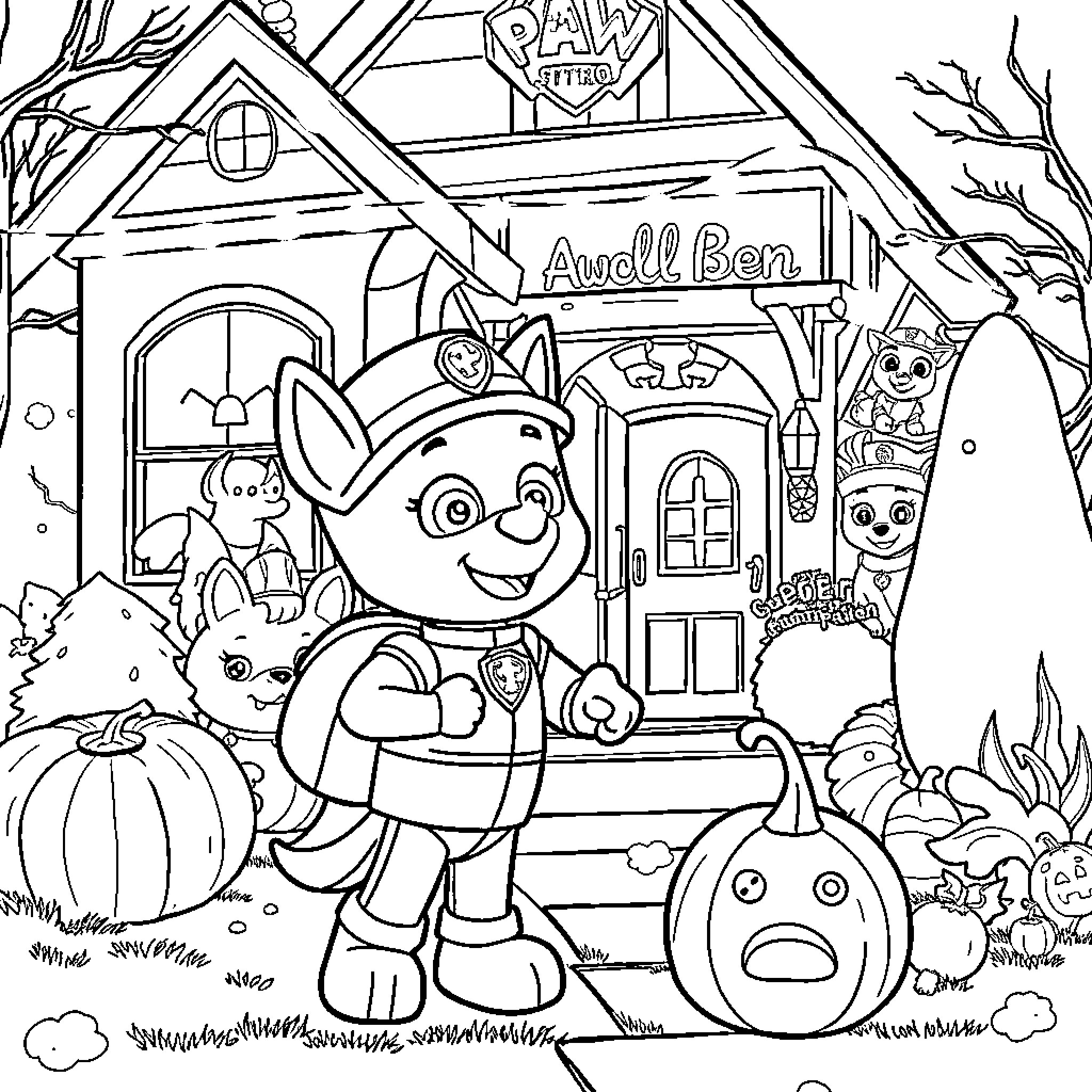GI Joe Paw Patrol characters in outdoor adventure scene Coloring Page (free black-and-white line drawing printable PDF for all, from beginners to advanced learners, including children, teens, adults, and seniors)