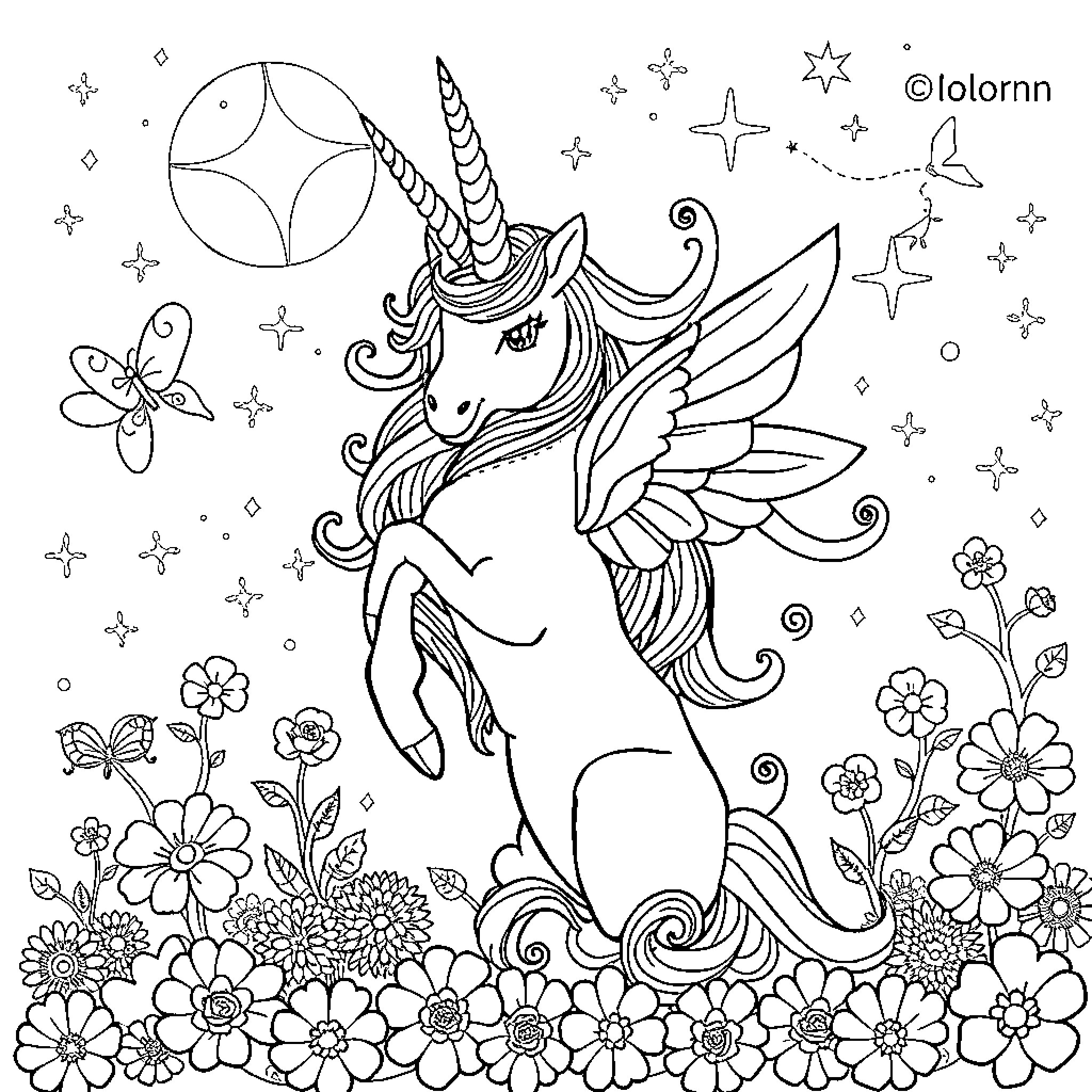 Unicorn flying amidst sparkling stars and blooming flowers Coloring Page (free black-and-white line drawing printable PDF for all, from beginners to advanced learners, including children, teens, adults, and seniors)