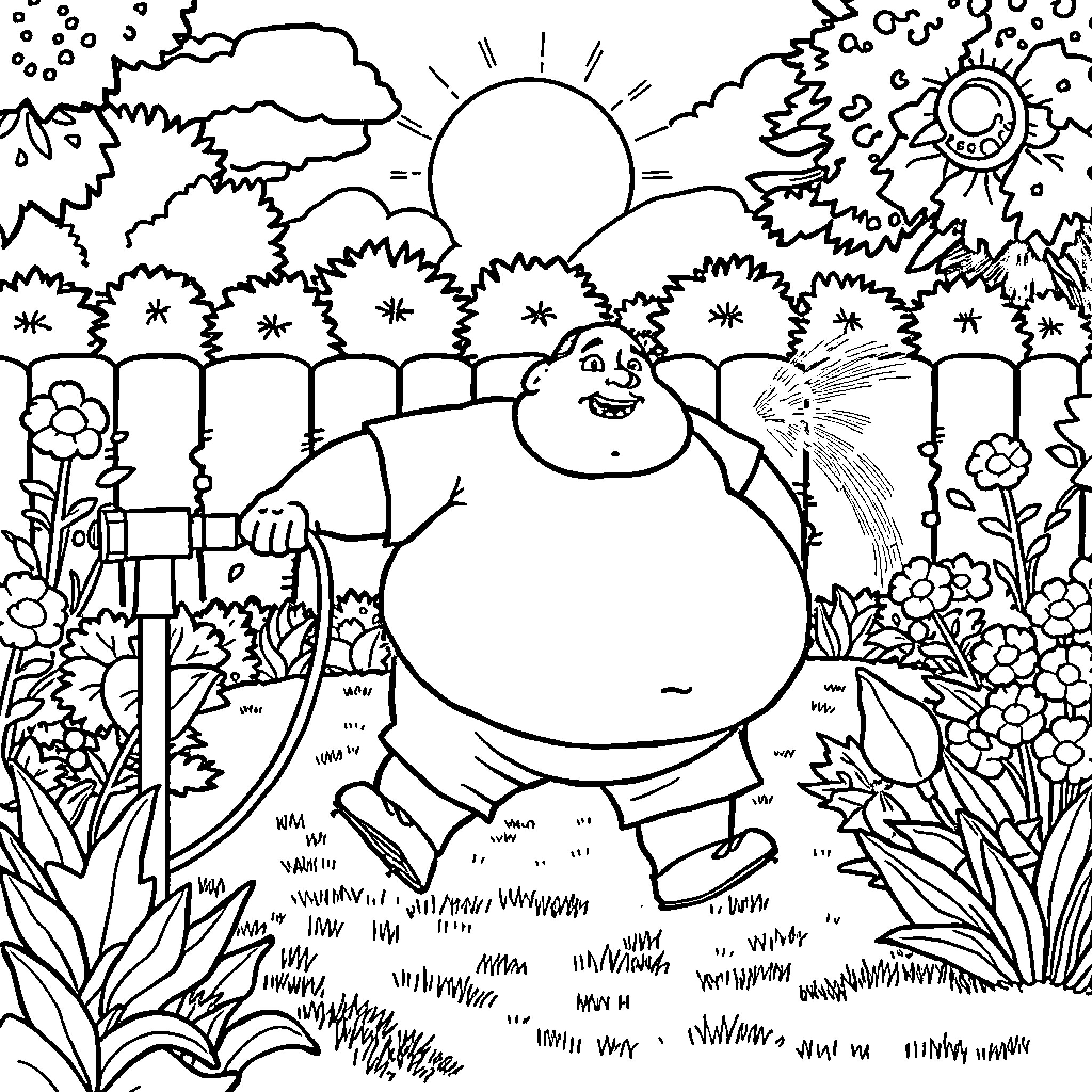 Man cheerfully walking through the garden Coloring Page (free black-and-white line drawing printable PDF for all, from beginners to advanced learners, including children, teens, adults, and seniors)