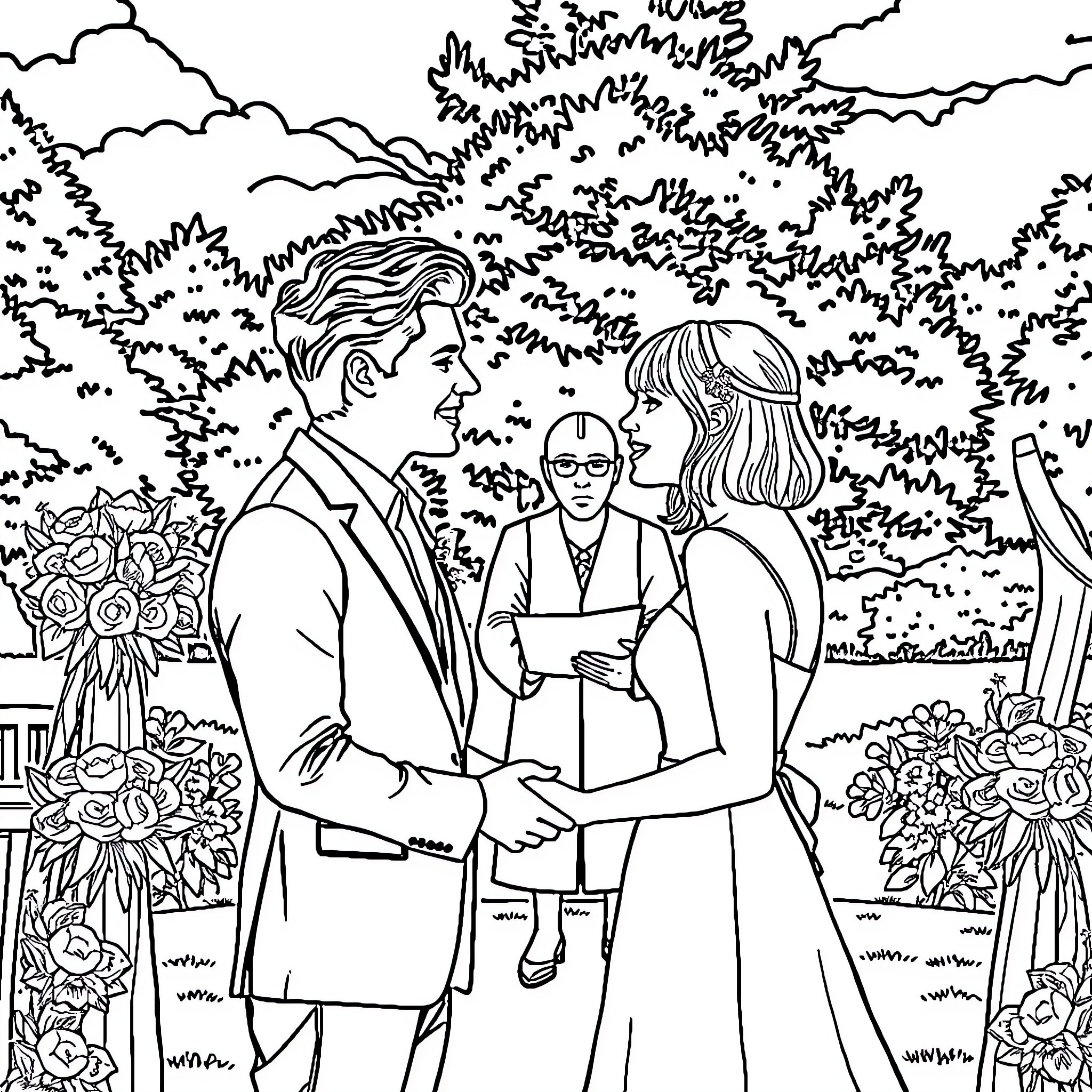 Harry Styles at a Romantic Wedding Ceremony Coloring Page (free black-and-white line drawing printable PDF for all, from beginners to advanced learners, including children, teens, adults, and seniors)