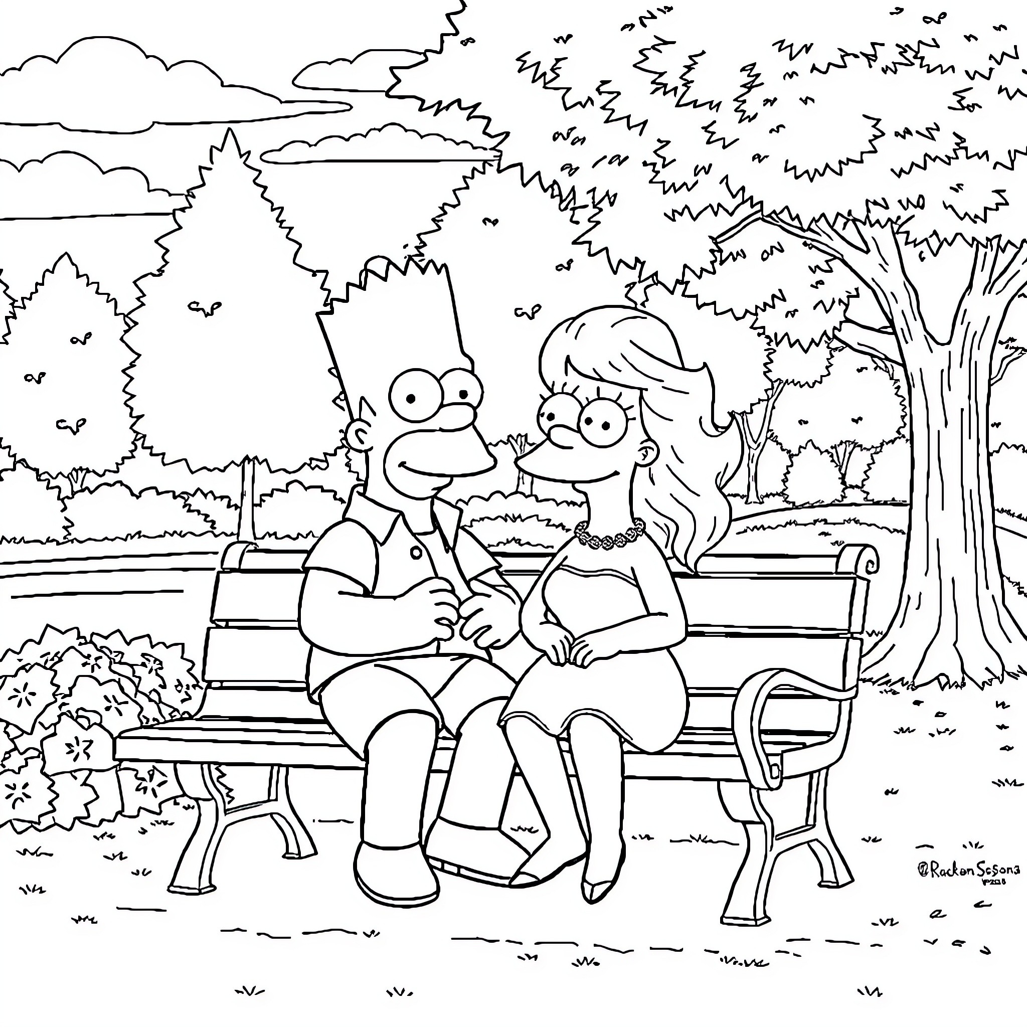 Bart Simpson and Lisa enjoying a scenic park bench Coloring Page (free black-and-white line drawing printable PDF for all, from beginners to advanced learners, including children, teens, adults, and seniors)