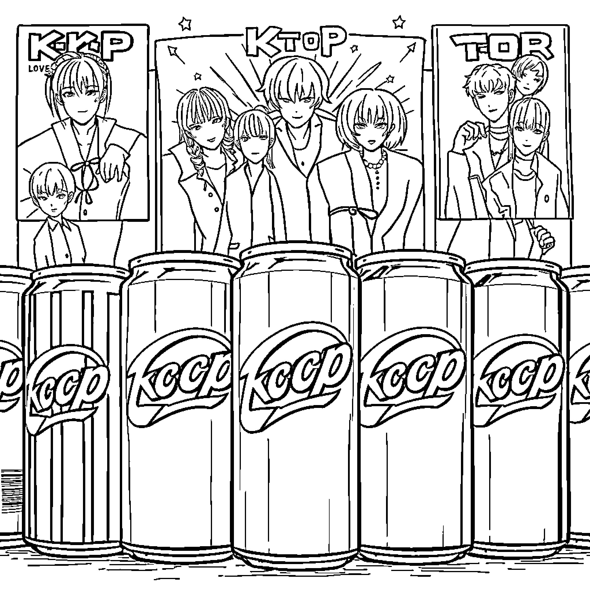 Soda cans with anime characters Coloring Page (free black-and-white line drawing printable PDF for all, from beginners to advanced learners, including children, teens, adults, and seniors)