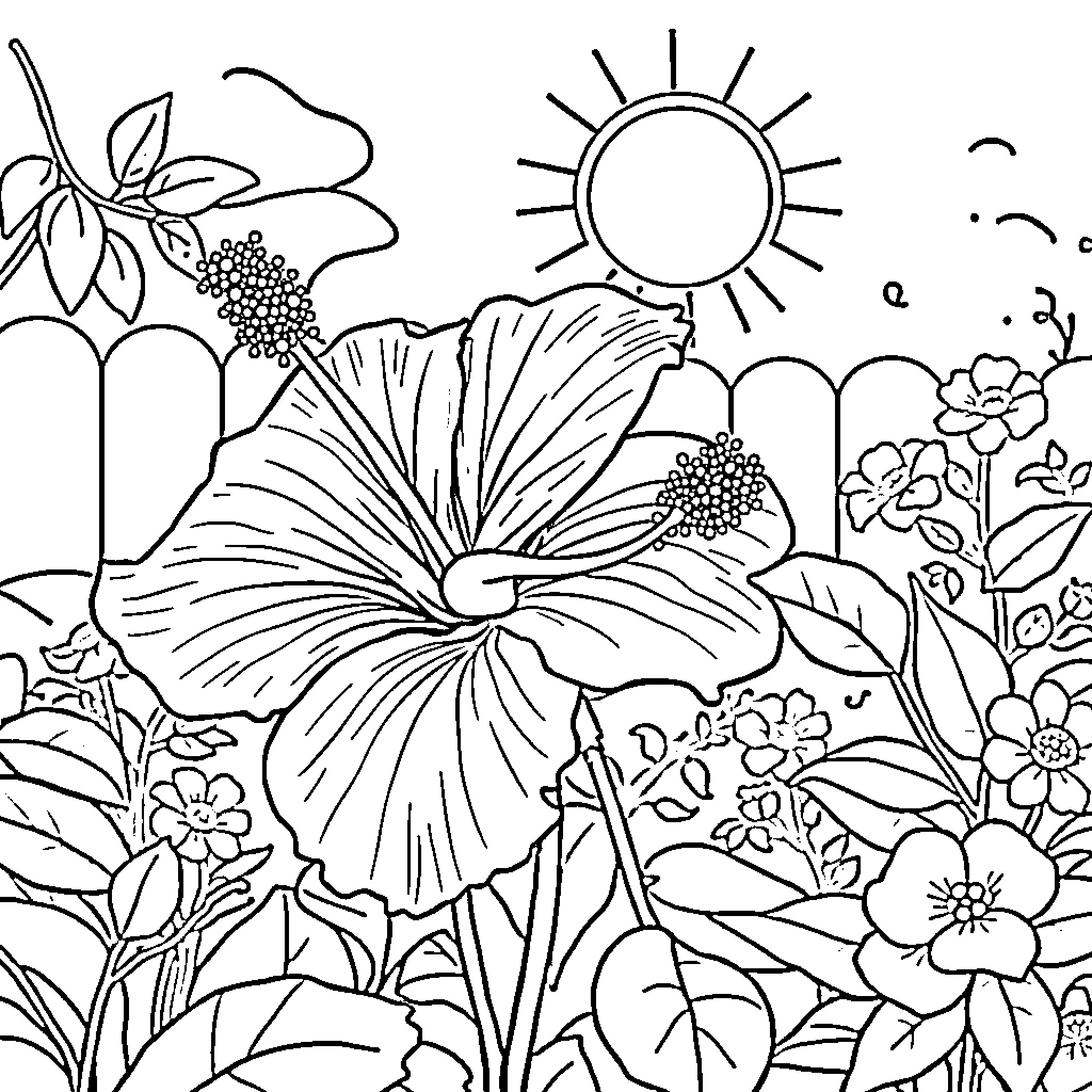 Hibiscus blooming in a lush garden Coloring Page (free black-and-white line drawing printable PDF for all, from beginners to advanced learners, including children, teens, adults, and seniors)