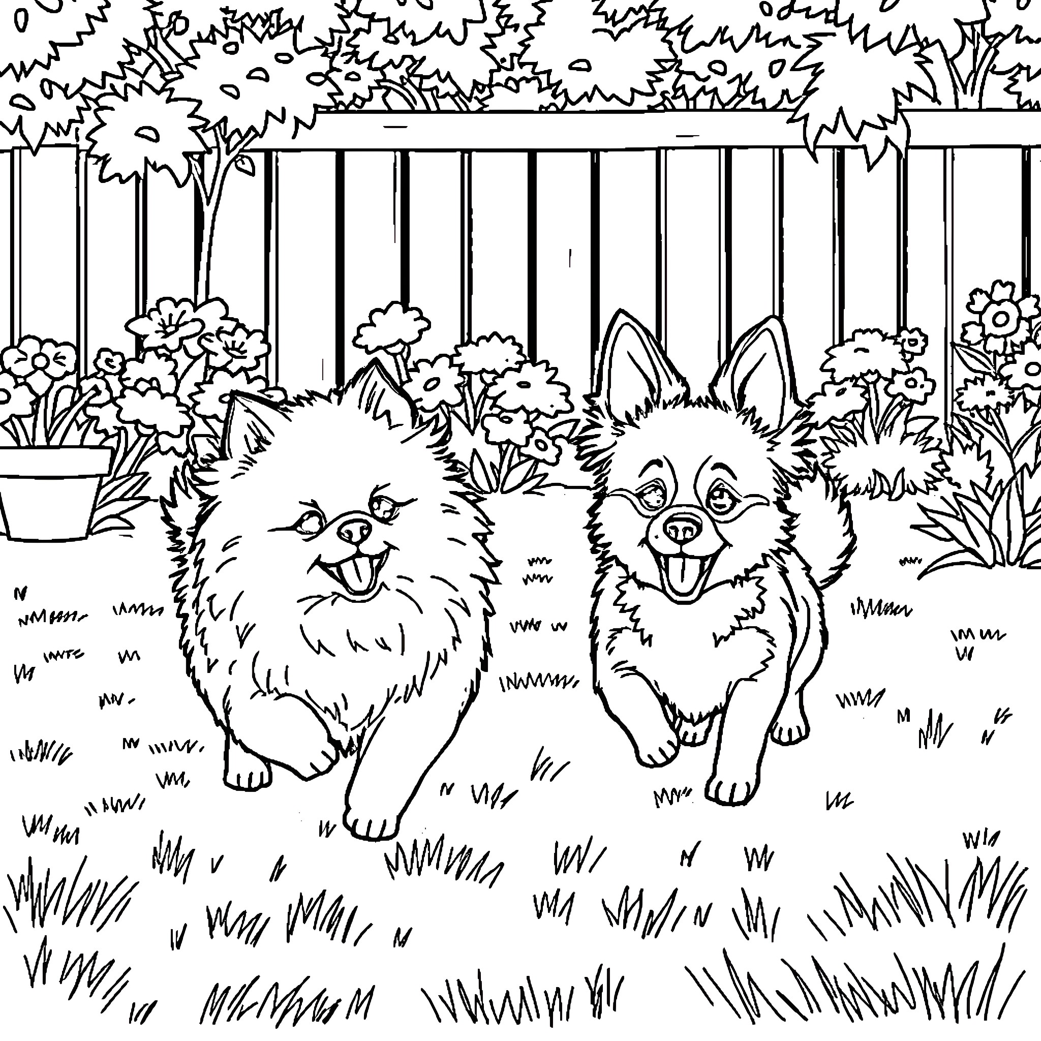 Dog companions playing joyfully in the garden Coloring Page (free black-and-white line drawing printable PDF for all, from beginners to advanced learners, including children, teens, adults, and seniors)