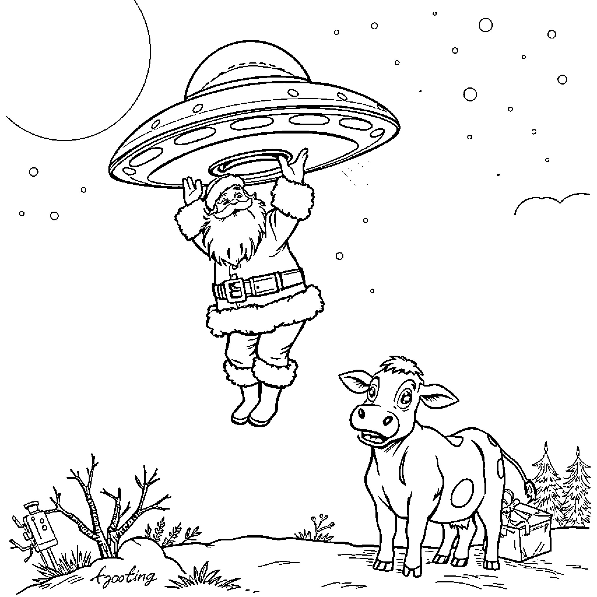 Santa exploring the galaxy with cow Coloring Page (free black-and-white line drawing printable PDF for all, from beginners to advanced learners, including children, teens, adults, and seniors)