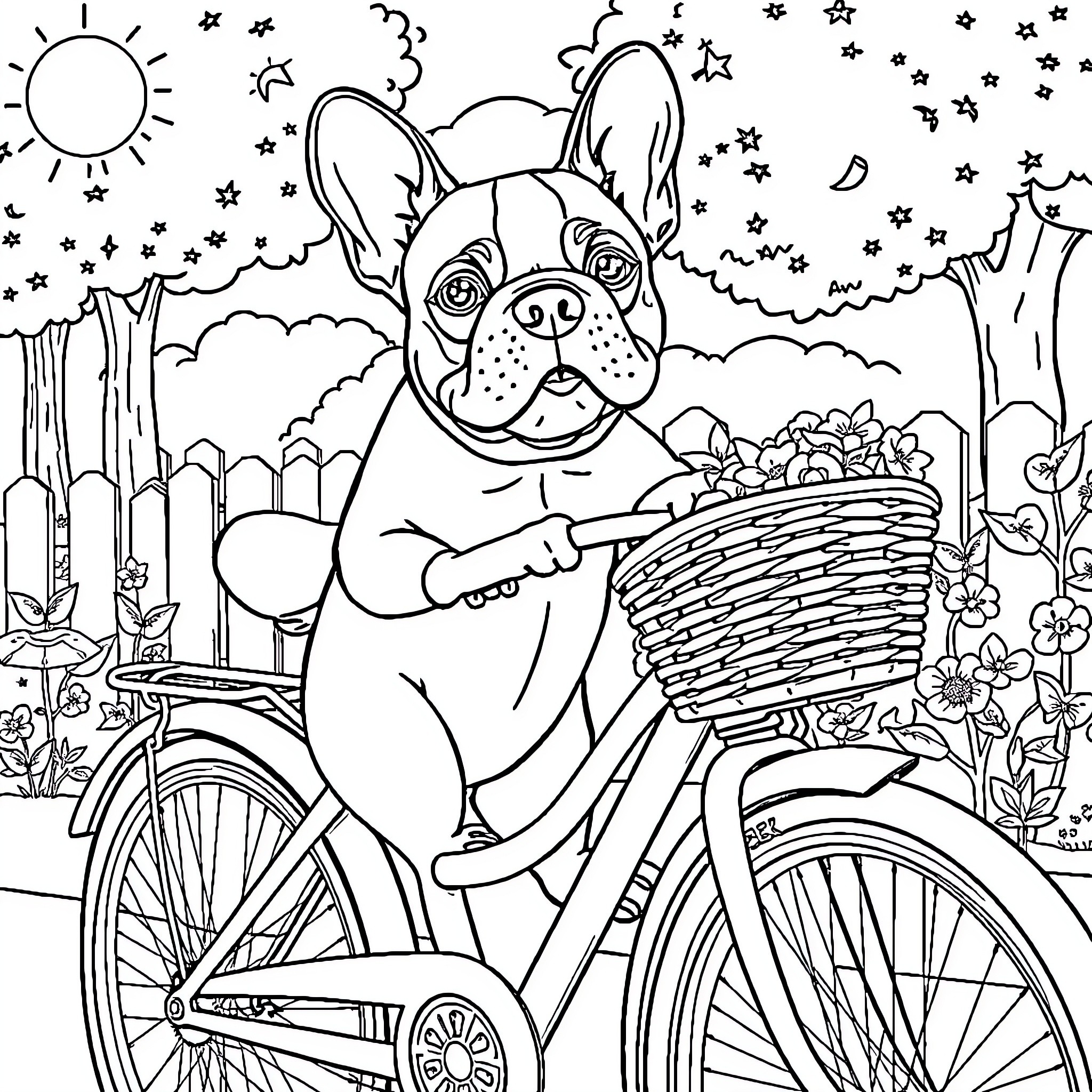 French Bulldog riding bicycle with basket of flowers Coloring Page (free black-and-white line drawing printable PDF for all, from beginners to advanced learners, including children, teens, adults, and seniors)