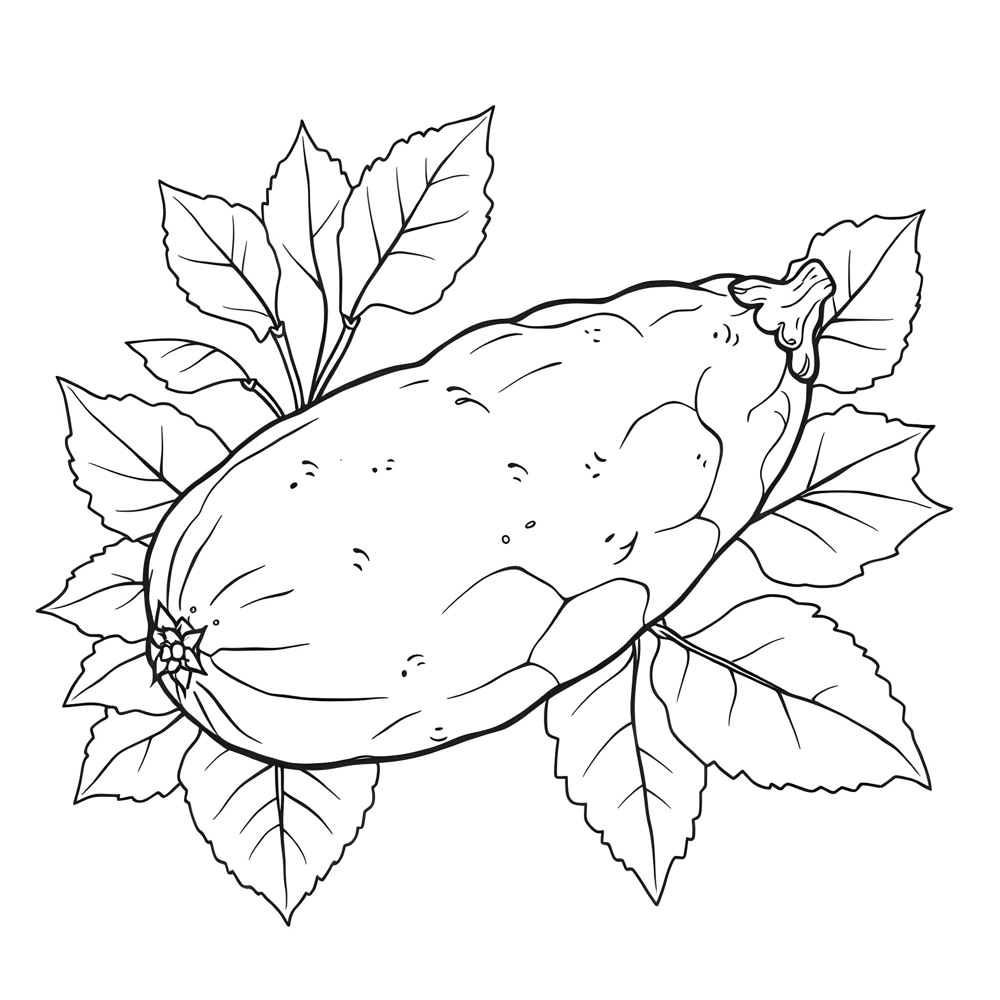 Cucumber with Decorative Leaves Coloring Page (free black-and-white line drawing printable PDF for all, from beginners to advanced learners, including children, teens, adults, and seniors)