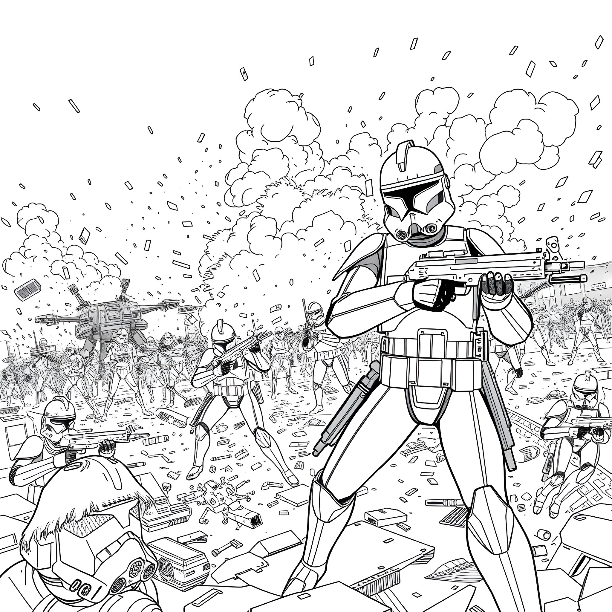 Clone Trooper Leading Soldiers in Battlefield Coloring Page (free black-and-white line drawing printable PDF for all, from beginners to advanced learners, including children, teens, adults, and seniors)