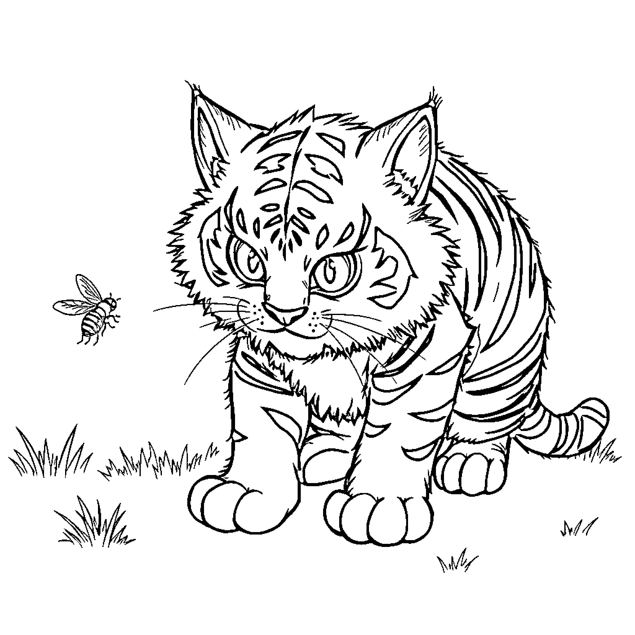 Cat intrigued by buzzing bee in grassy field Coloring Page (free black-and-white line drawing printable PDF for all, from beginners to advanced learners, including children, teens, adults, and seniors)