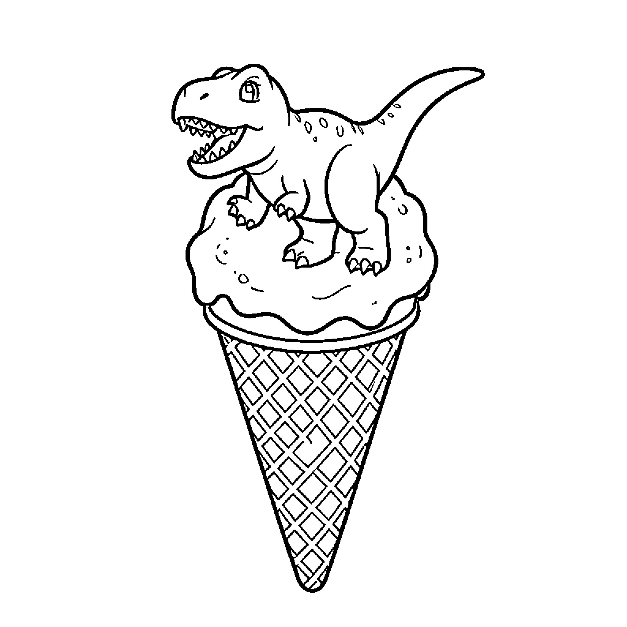 Dinosaur standing joyfully on top of an ice cream cone Coloring Page (free black-and-white line drawing printable PDF for all, from beginners to advanced learners, including children, teens, adults, and seniors)
