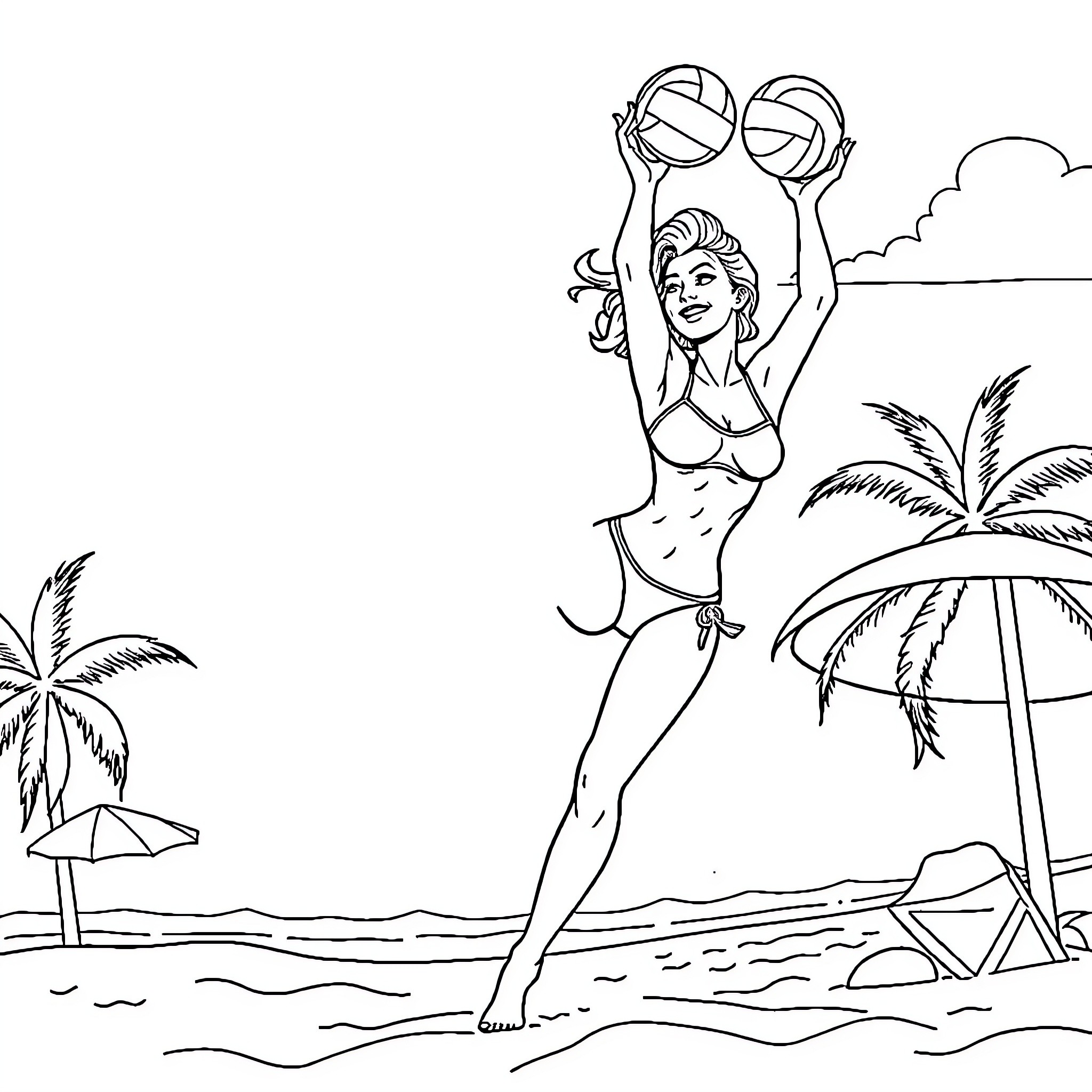 Woman enjoying beach volleyball on tropical vacation Coloring Page (free black-and-white line drawing printable PDF for all, from beginners to advanced learners, including children, teens, adults, and seniors)