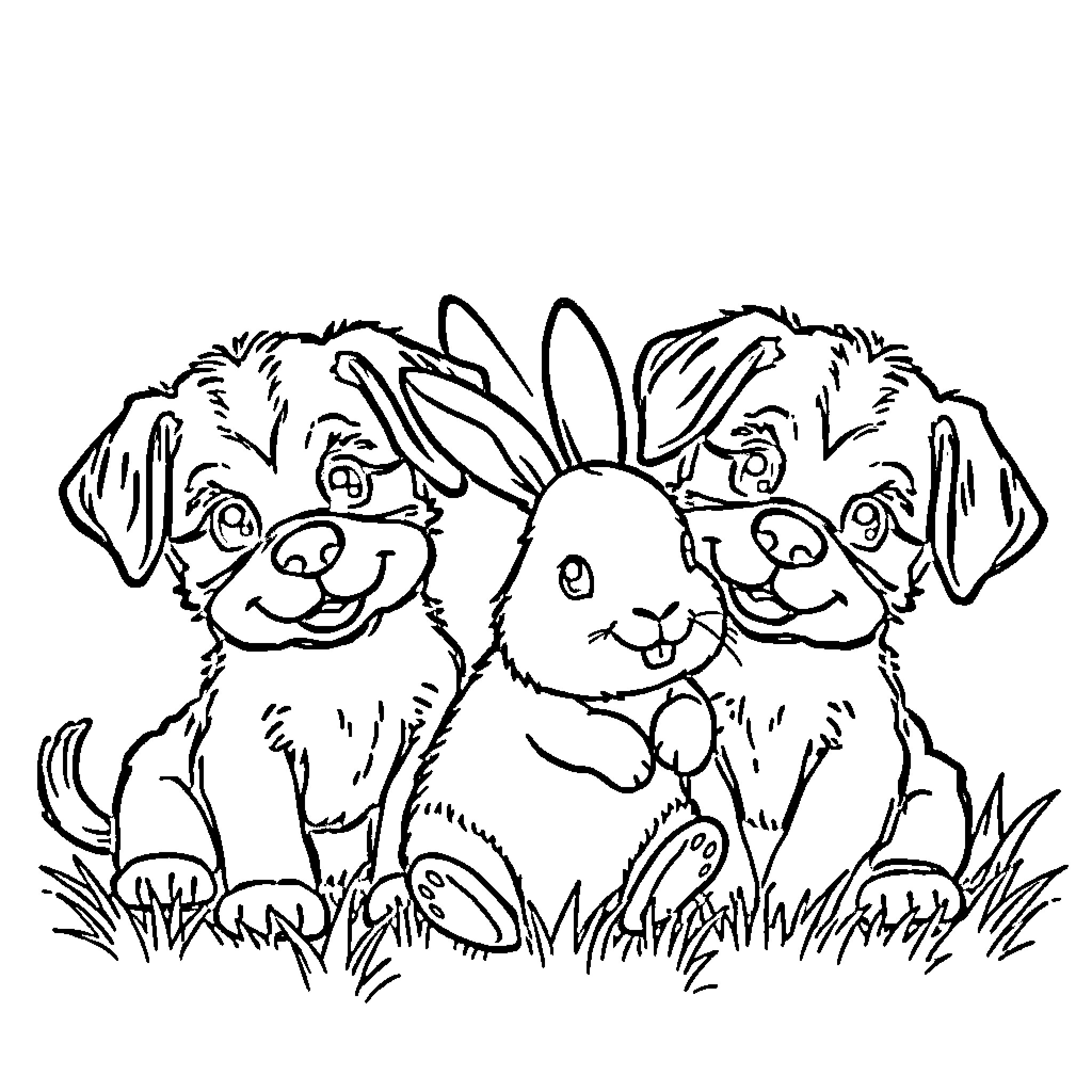 Puppy and bunny friends playing in the meadow Coloring Page (free black-and-white line drawing printable PDF for all, from beginners to advanced learners, including children, teens, adults, and seniors)