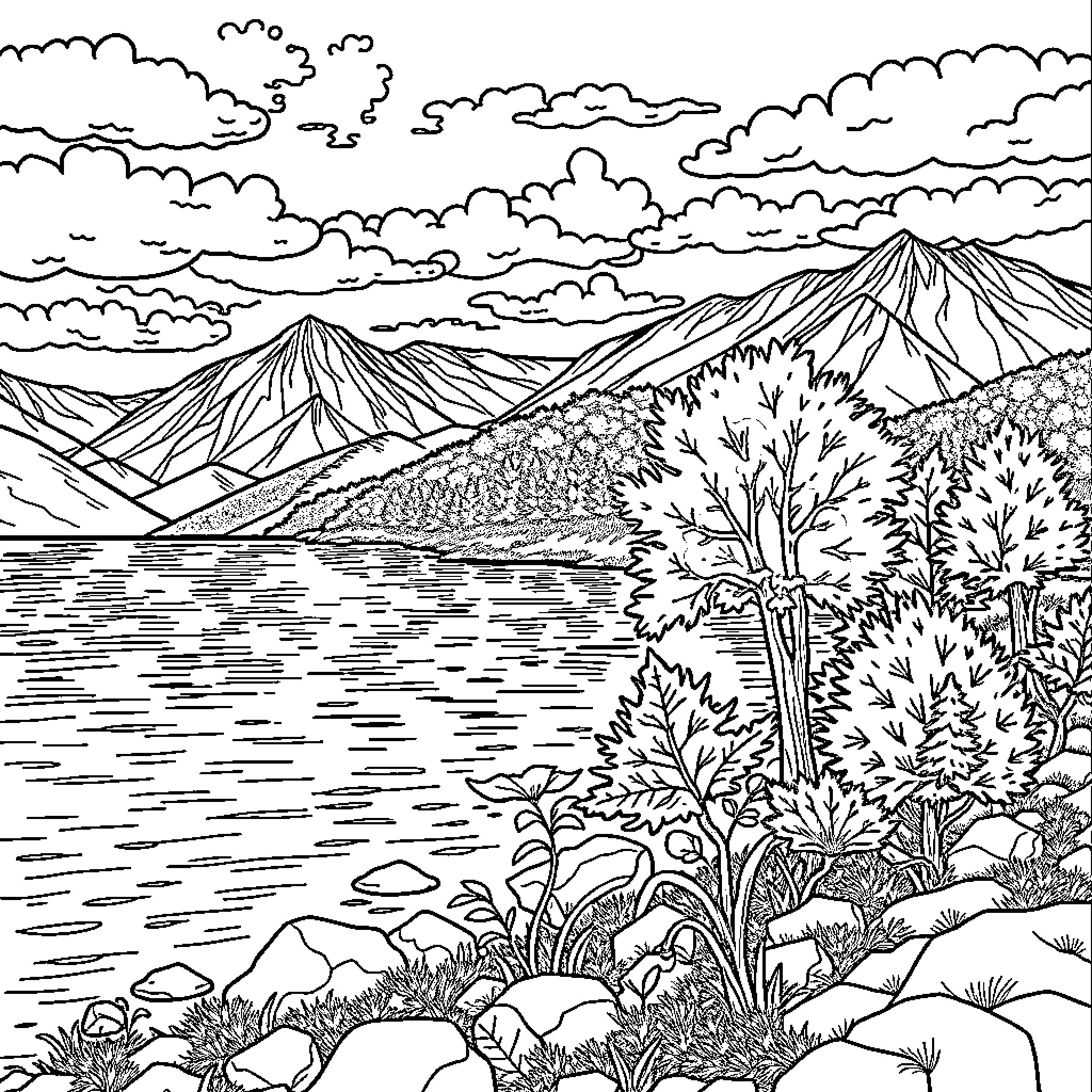 Nature's Serene Landscape Coloring Page (free black-and-white line drawing printable PDF for all, from beginners to advanced learners, including children, teens, adults, and seniors)
