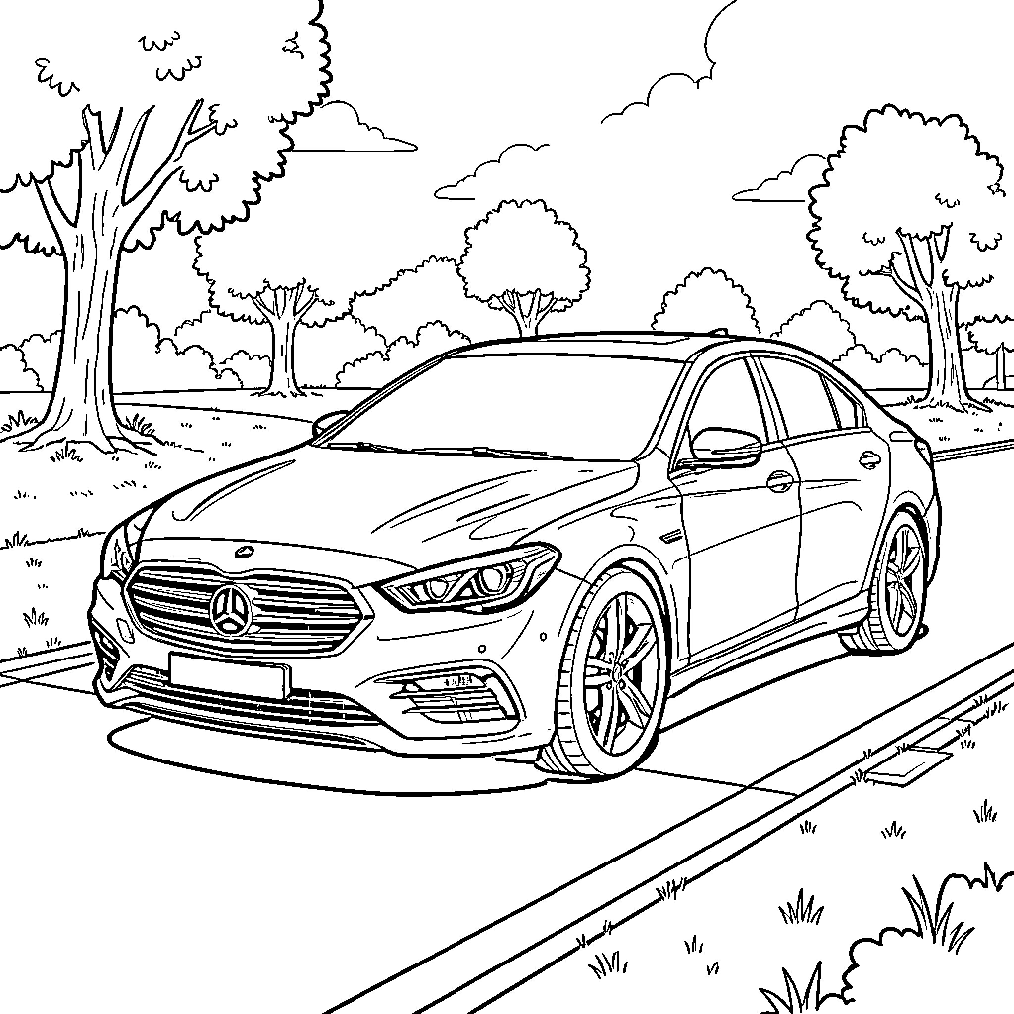 Car driving on a road through a wooded landscape Coloring Page (free black-and-white line drawing printable PDF for all, from beginners to advanced learners, including children, teens, adults, and seniors)
