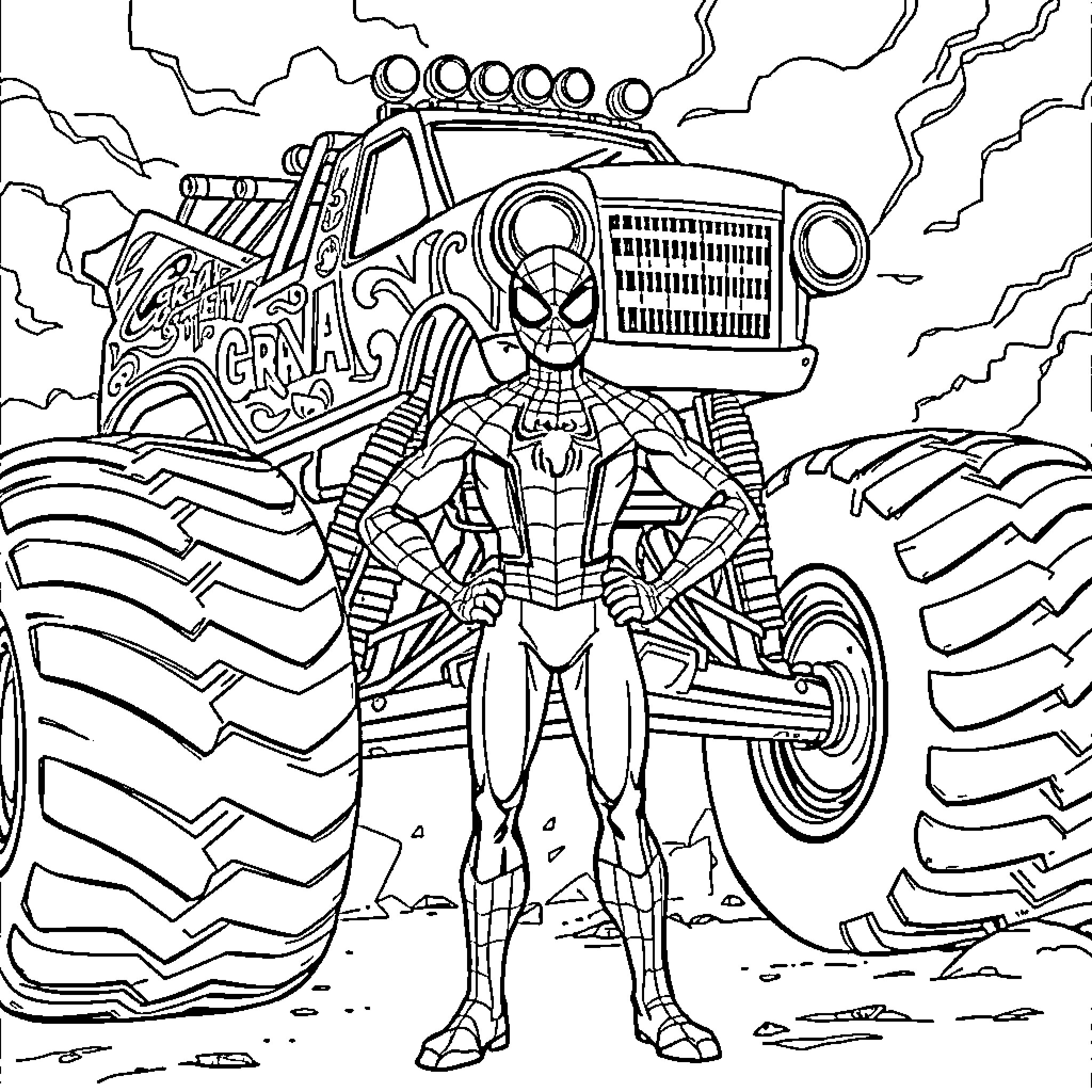 Spiderman poses with a monster truck Coloring Page (free black-and-white line drawing printable PDF for all, from beginners to advanced learners, including children, teens, adults, and seniors)