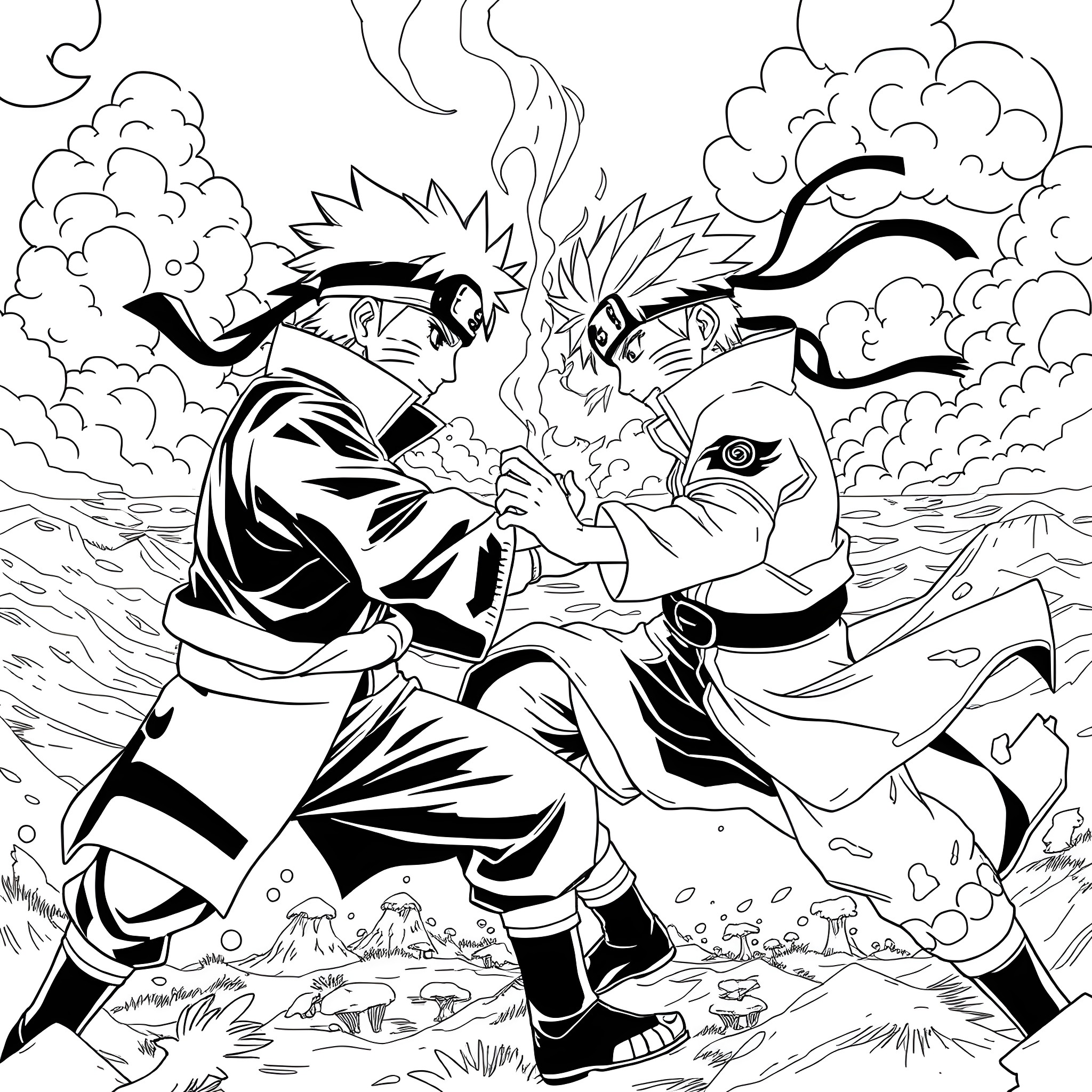 Naruto characters in intense battle Coloring Page (free black-and-white line drawing printable PDF for all, from beginners to advanced learners, including children, teens, adults, and seniors)