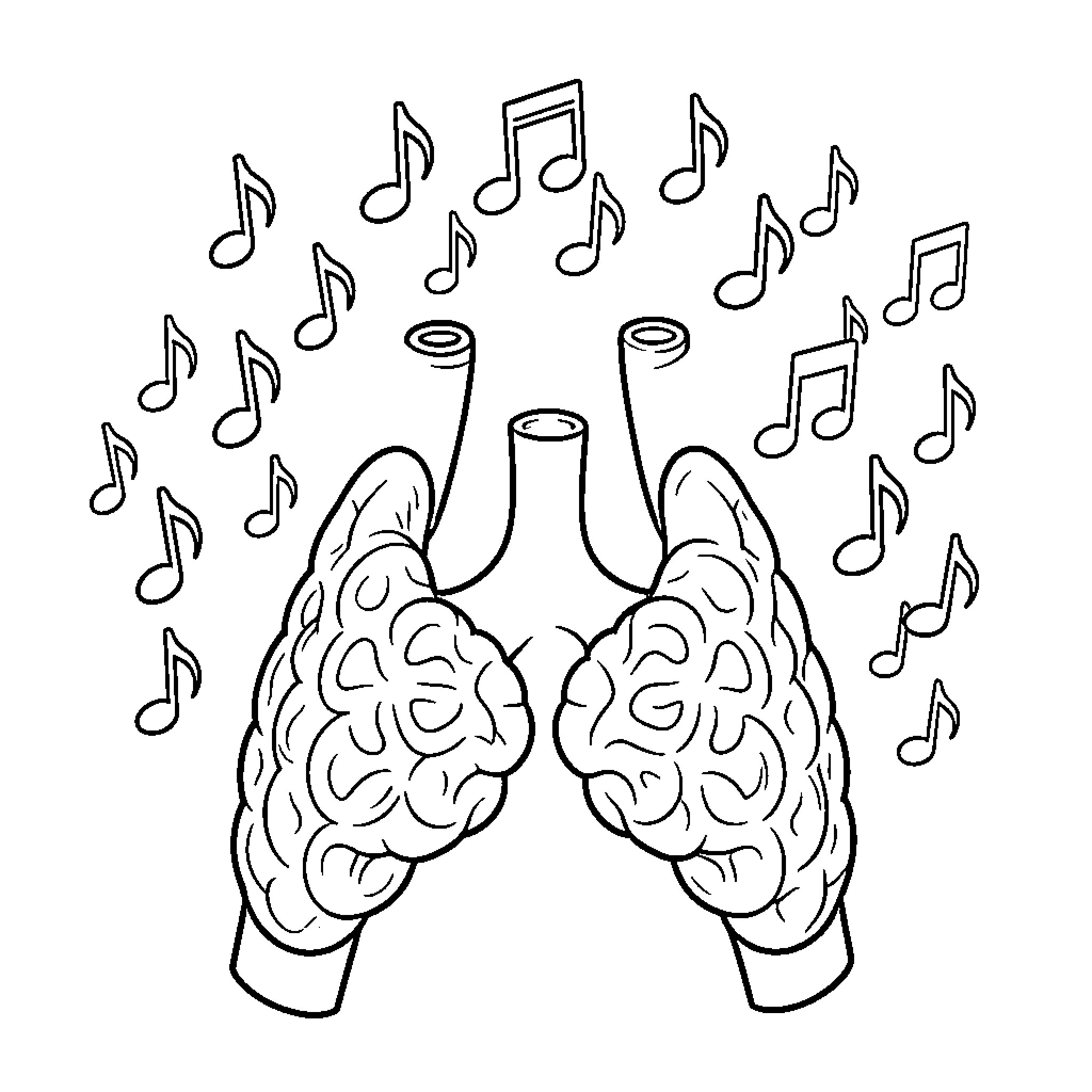Larynx producing musical notes with anatomical lungs Coloring Page (free black-and-white line drawing printable PDF for all, from beginners to advanced learners, including children, teens, adults, and seniors)